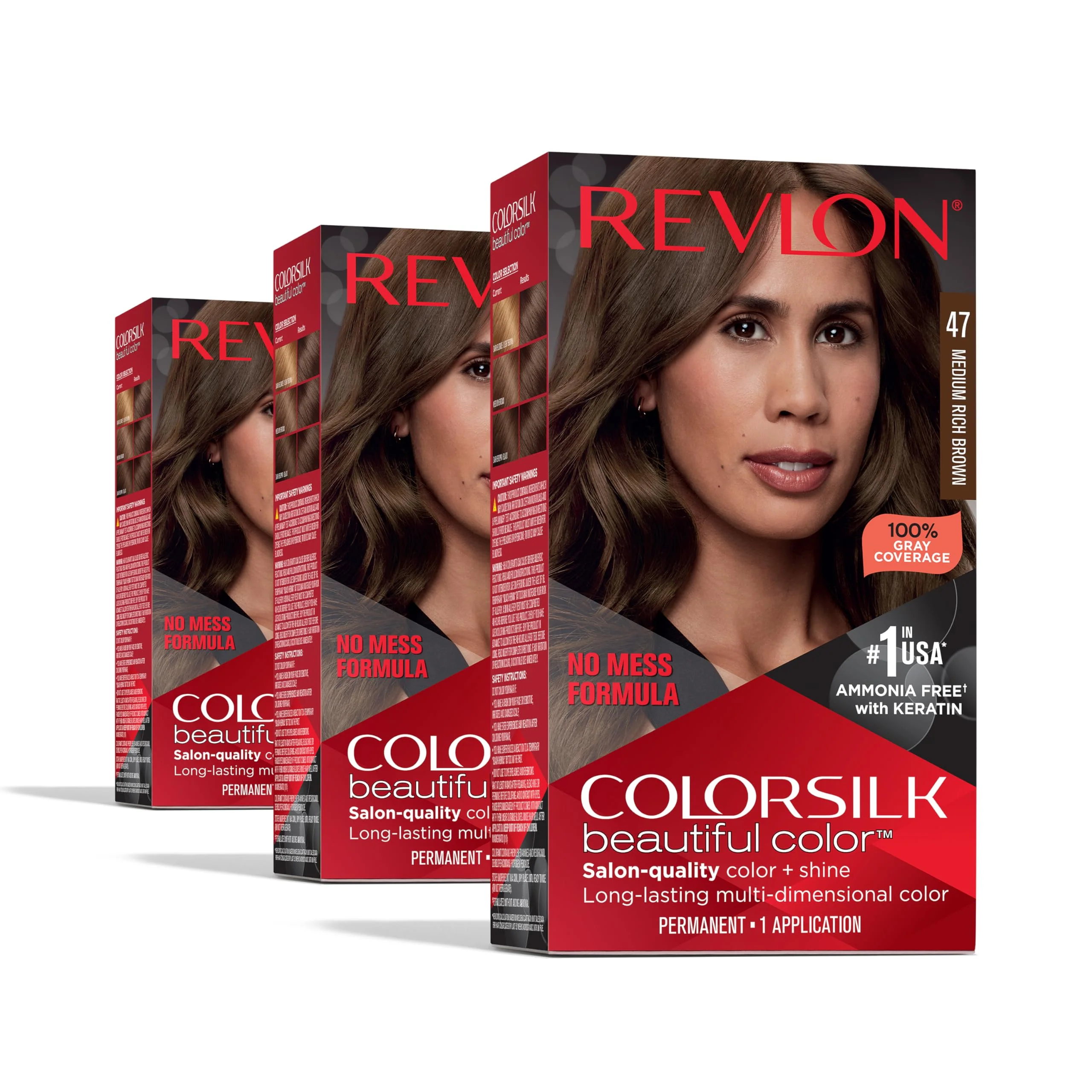 Durable Revlon Colorsilk Beautiful Color Permanent Hair Color OLD VERSION 47 Medium Rich Brown Pack of 3 Consistent