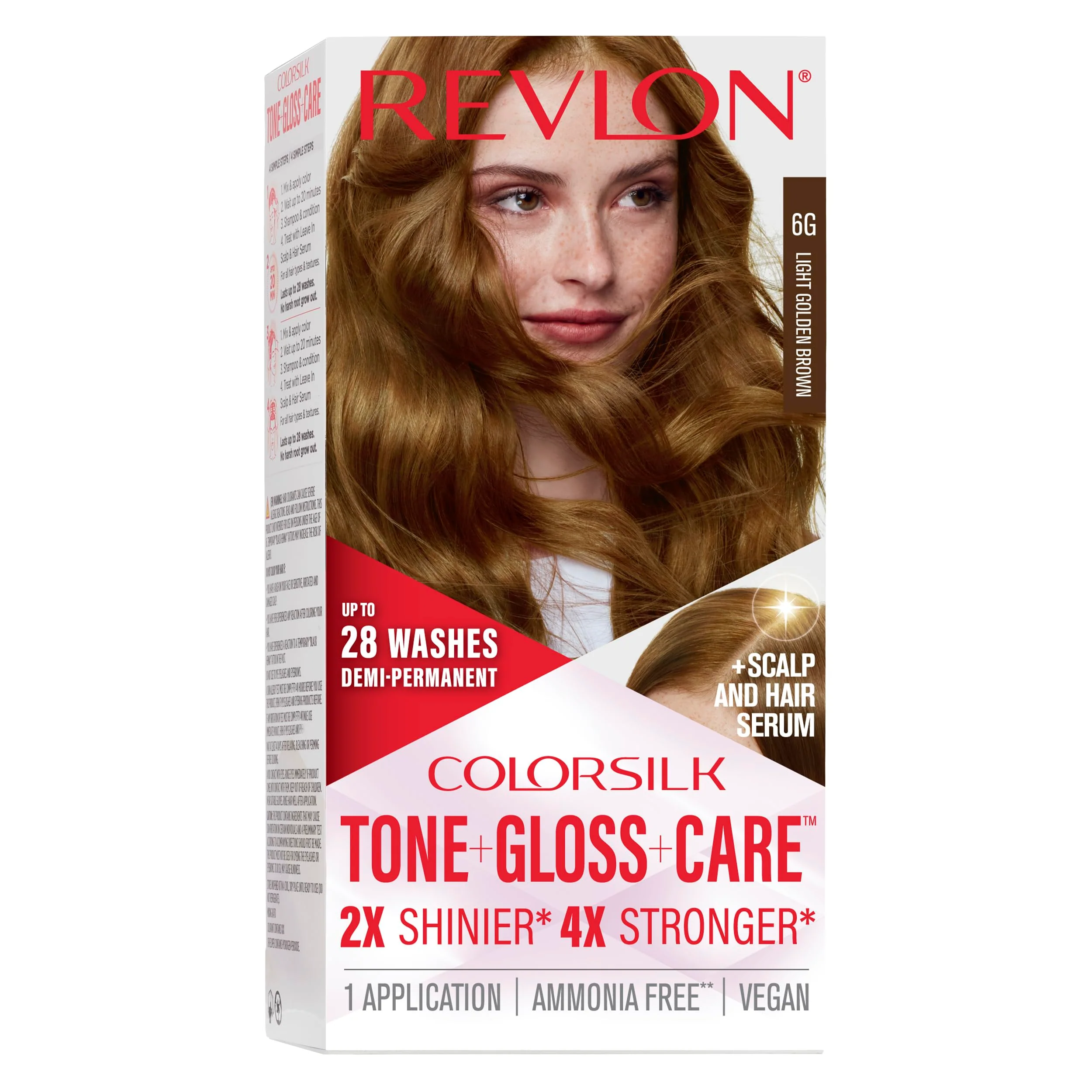 Secure Revlon ColorSilk Tone Gloss Care Demi Permanent Hair Color Dye Kit with Leave-In Scalp and Haircare Serum 2x Shinier 4x Stronger 6G Light Consistent