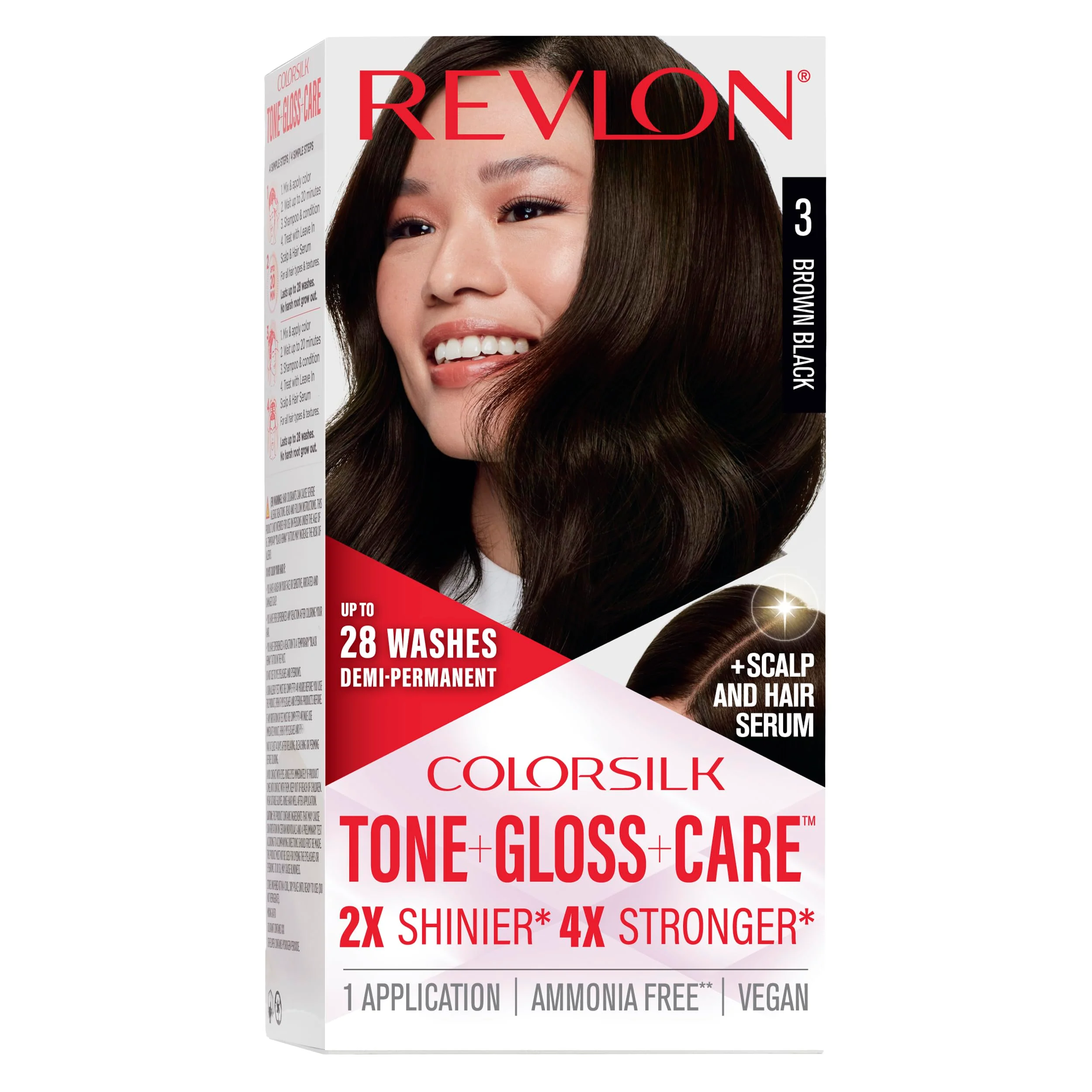 Convenient Revlon ColorSilk Tone Gloss Care Demi Permanent Hair Color Dye Kit with Leave-In Scalp and Haircare Serum 2x Shinier 4x Stronger 3 Brown Easy-to-Use
