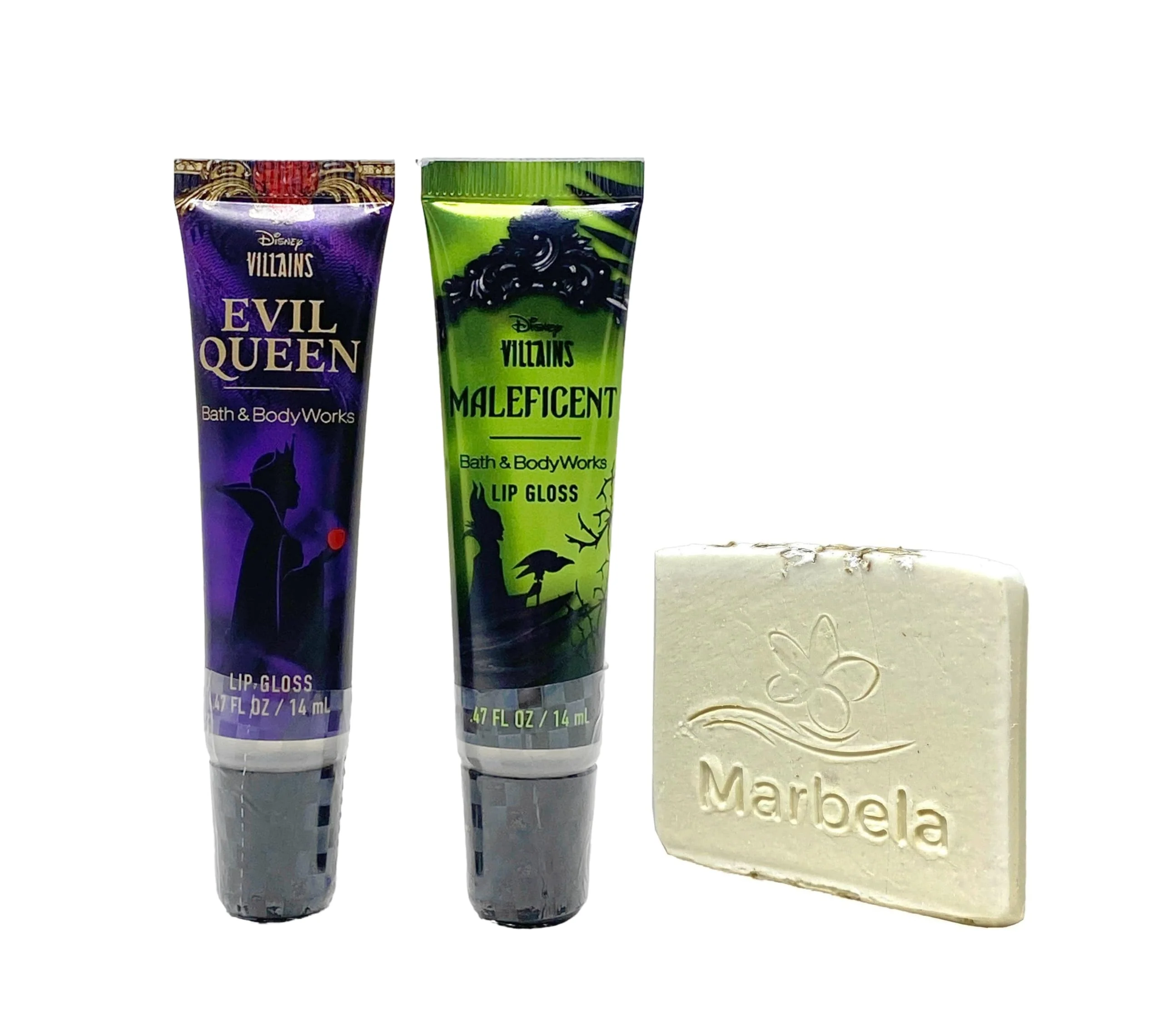 Flexible Bath Body Works Disney Villains Collection Lip Duo - Evil Queen and Maleficent Lip Gloss with a Natural Oats Sample Soap Excellent
