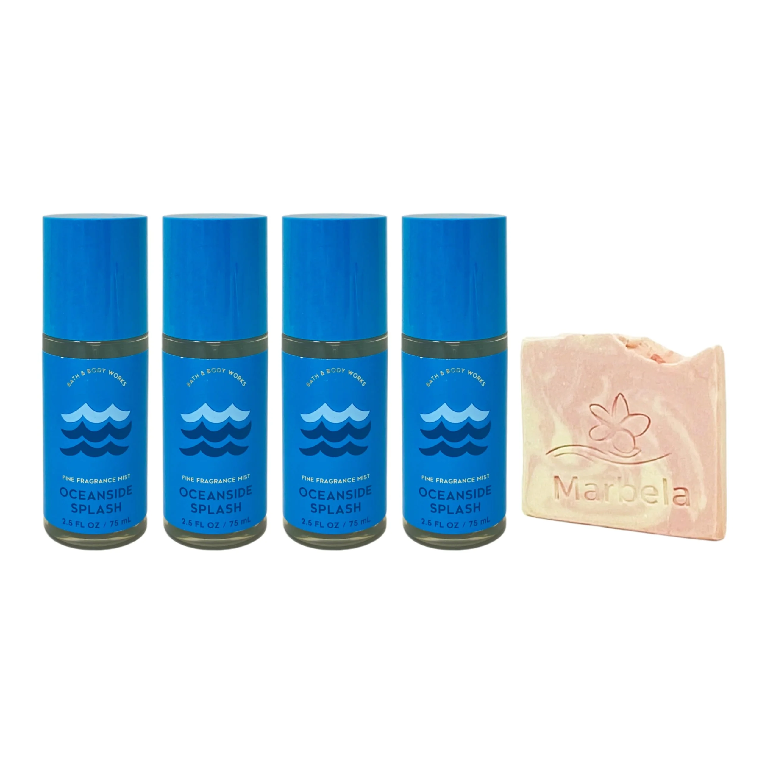 Secure Bath Body Works Oceanside Splash - 4 Travel Size Fine Fragrance Mists 2.5 fl oz 75 mL Each with a Himalayan Salts Springs Sample Soap Refined