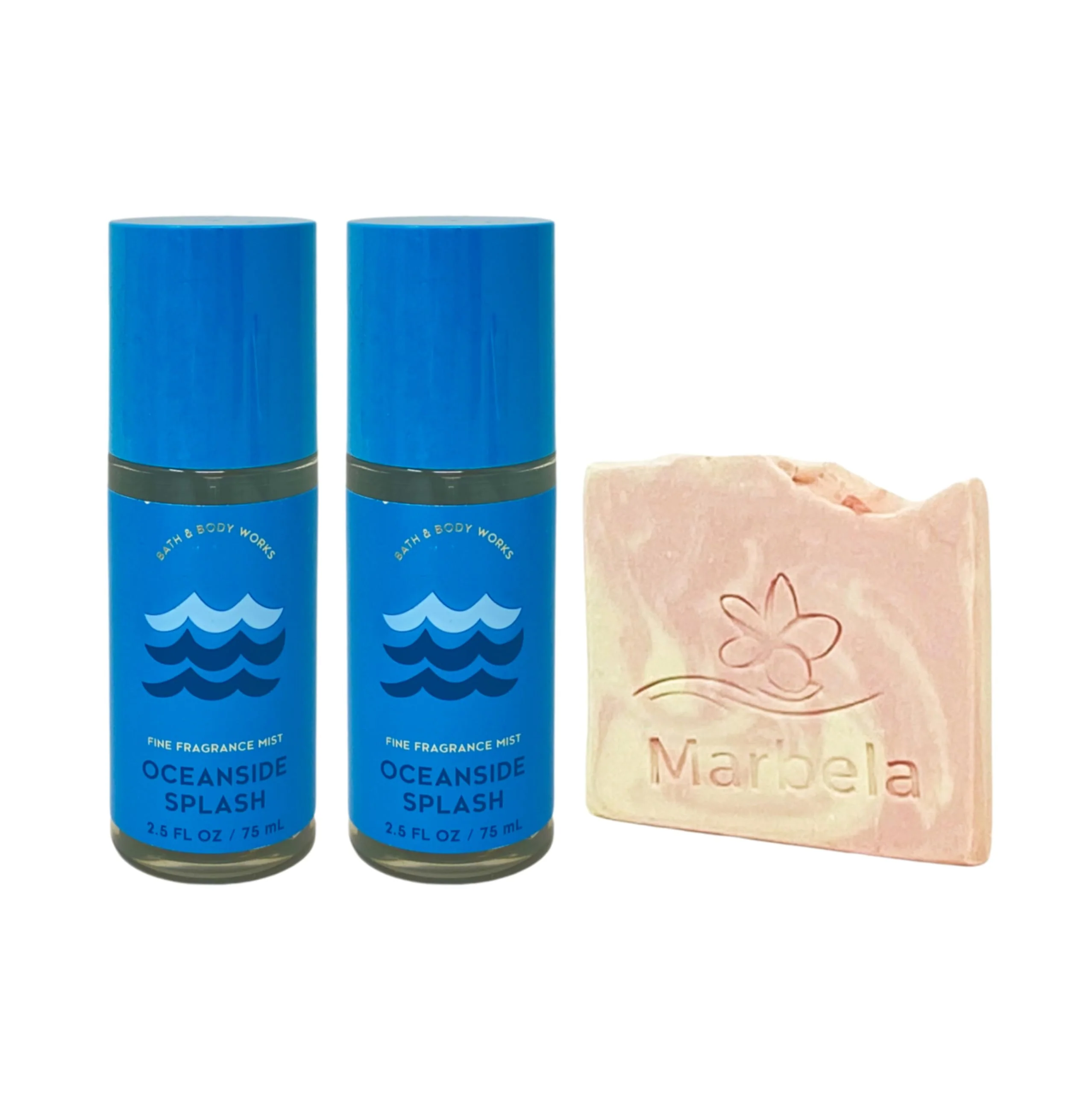 Fine Crafted Bath Body Works Oceanside Splash - 2 Travel Size Fine Fragrance Mists 2.5 fl oz 75 mL Each with a Himalayan Salts Springs Sample Soap User-Friendly