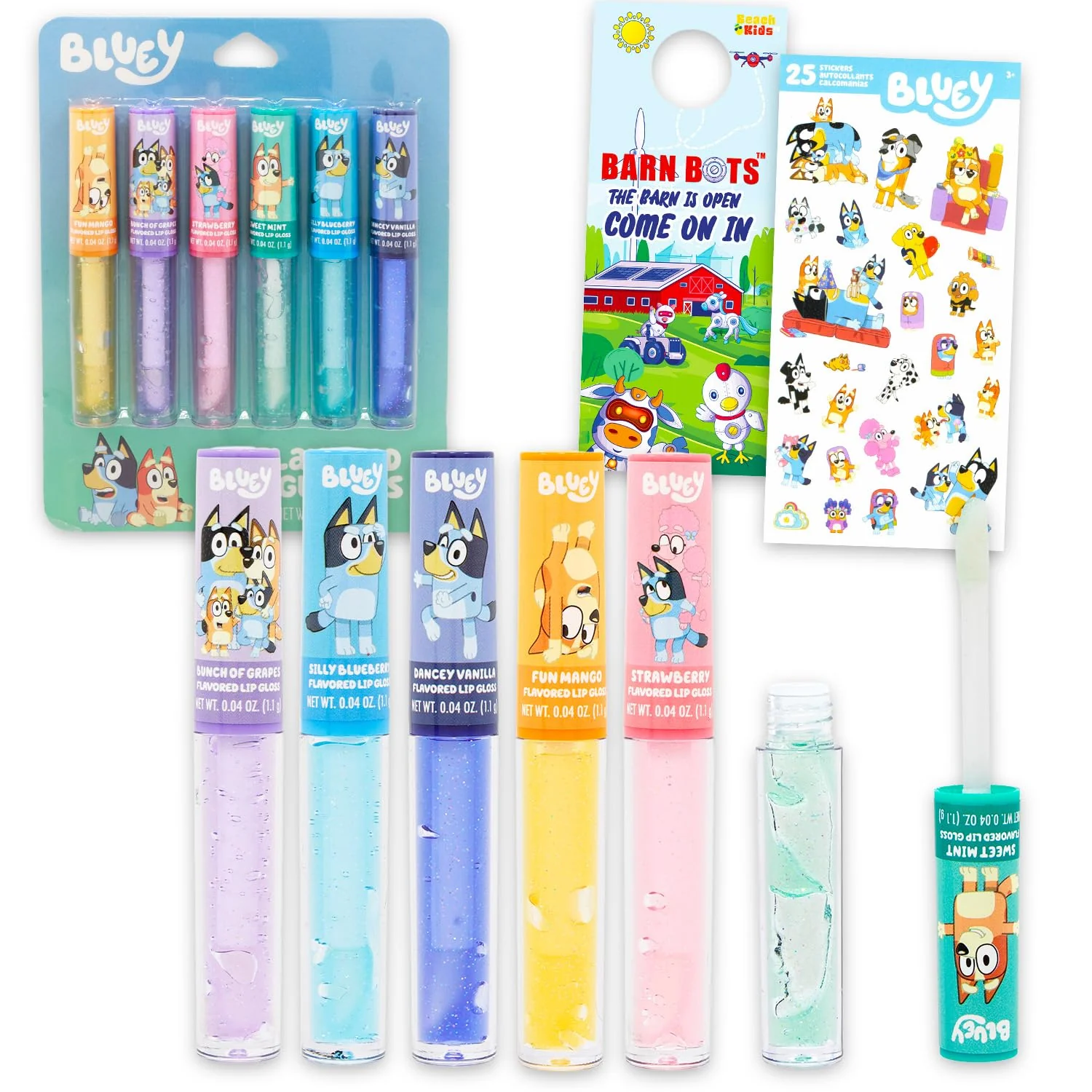 Versatile Bluey Lip Gloss Bundle for Girls - 6 Pack of Glosses for Lips in Assorted Flavors Plus Stickers More Bluey Party Favors for Kids First-Class