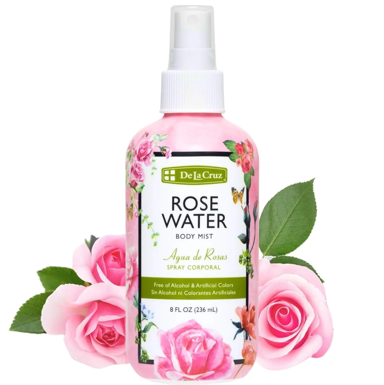 Official De La Cruz Pure Rose Water Body Mist Rosewater Spray for Face Skin Hair Toner Rose Water for Hair Alcohol Paraben 8 fl oz 1 Bottles Easy-to-Use