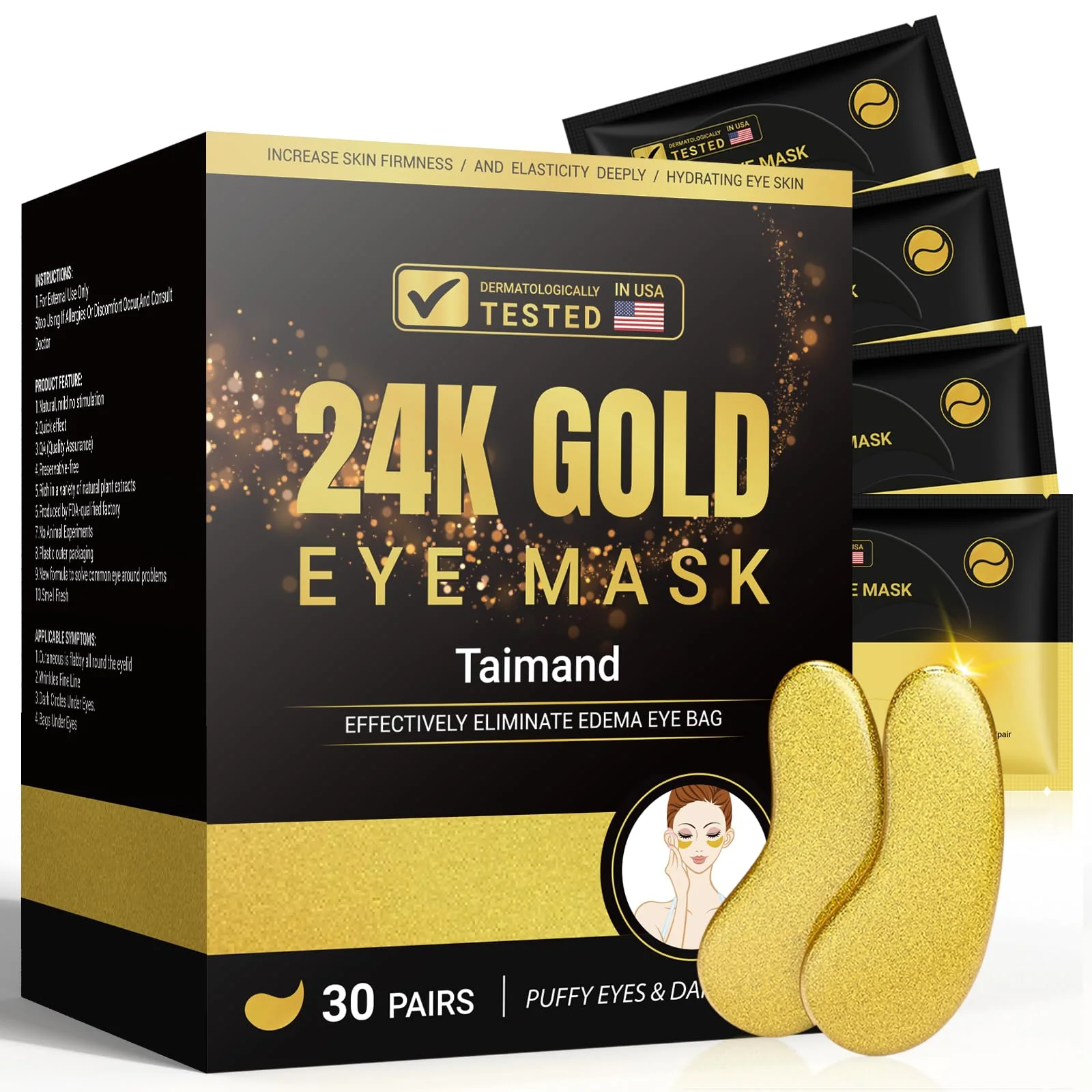 Outstanding Taimand Under Eye Patches 30 Pairs 24K Gold Under Eye Mask for Puffy Eyes Dark Circles Bags and Wrinkles with Collagen Relieves Pressure Natural
