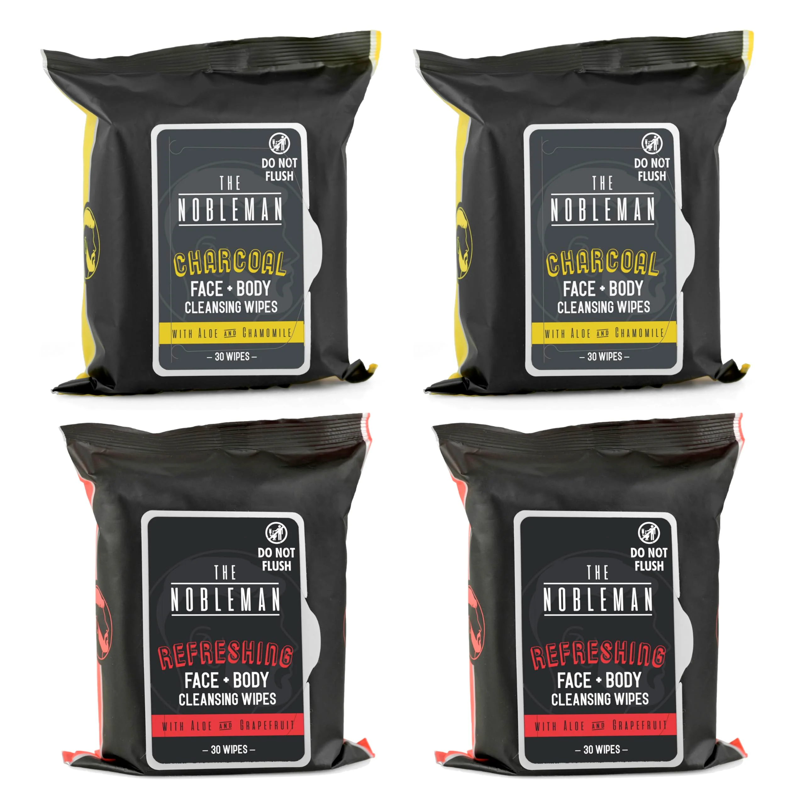 Specialty The Nobleman 4-Pack Face Body Aloe Infused Cleansing Wipes 2 Charcoal Packs with Chamomile and 2 Refreshing Packs with Grapefruit 120 Ct. Innovative