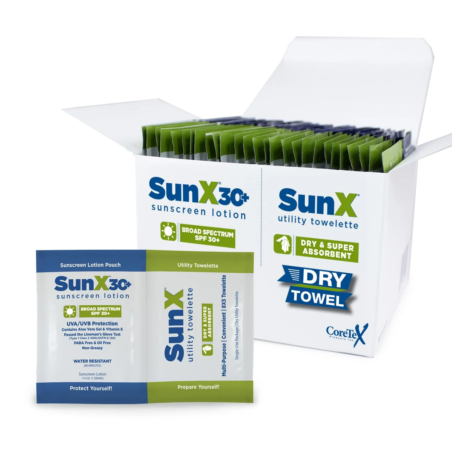 Solid CoreTex Sun X 30 Broad Spectrum Sunscreen Packets Dry Towels Duo Kit - Pack of 25 Paraben Oxybenzone Octinoxate Oil Sunscreen - No White Durable