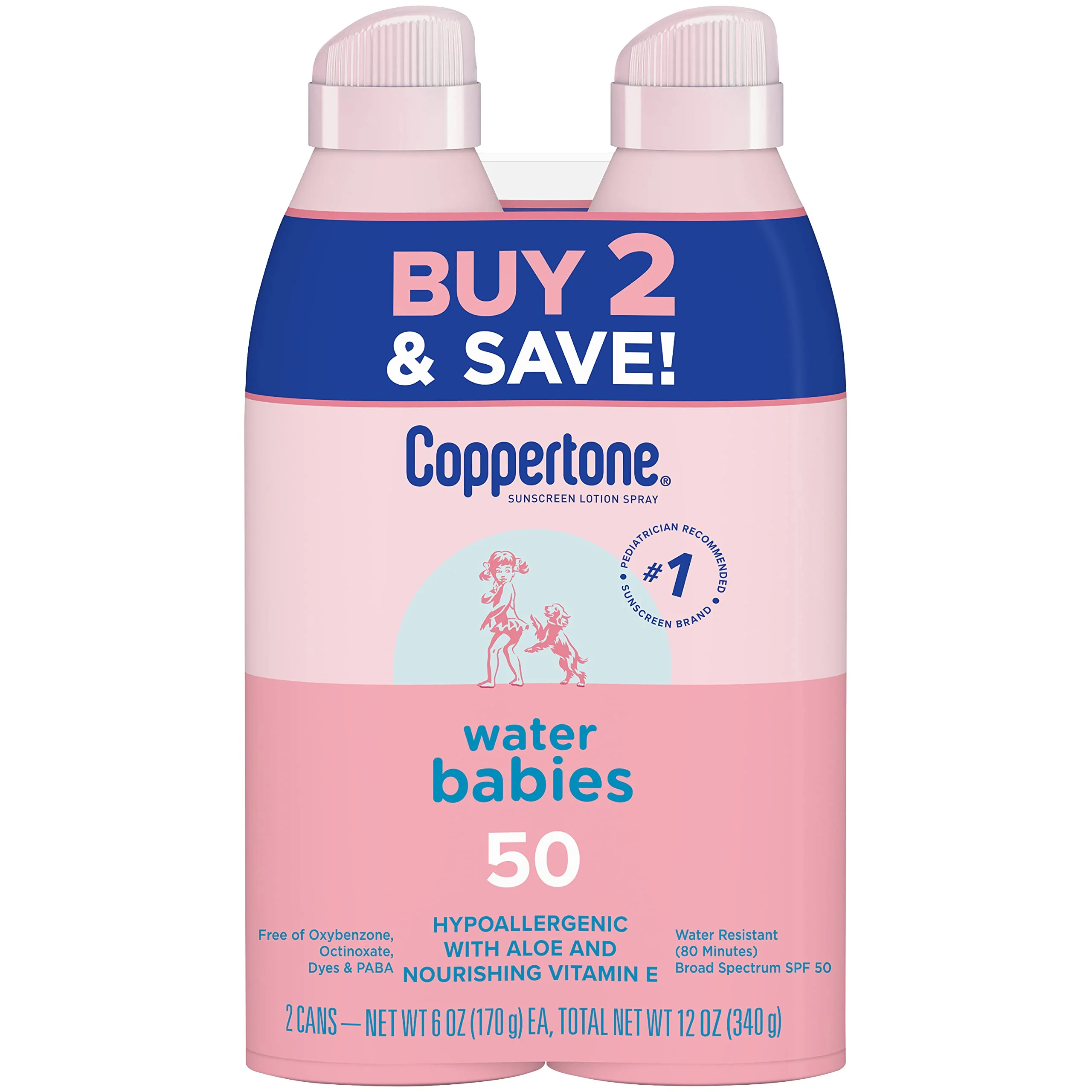 Exclusive Coppertone WaterBabies Sunscreen Spray SPF 50 Spray On Sunscreen for Babies Water Resistant Pediatrician 6 Oz Pack of 2 Enhanced