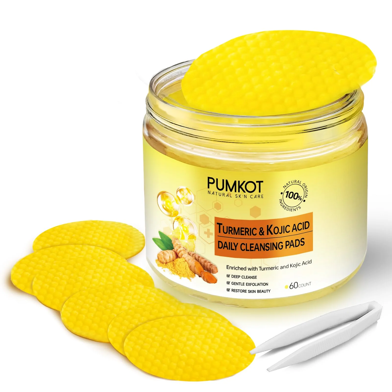 Durable Pumkot Turmeric Kojic Acid Cleansing Pads Turmeric Face Scrub Pads Enriched with Kojic Acid 60PCS Reusable