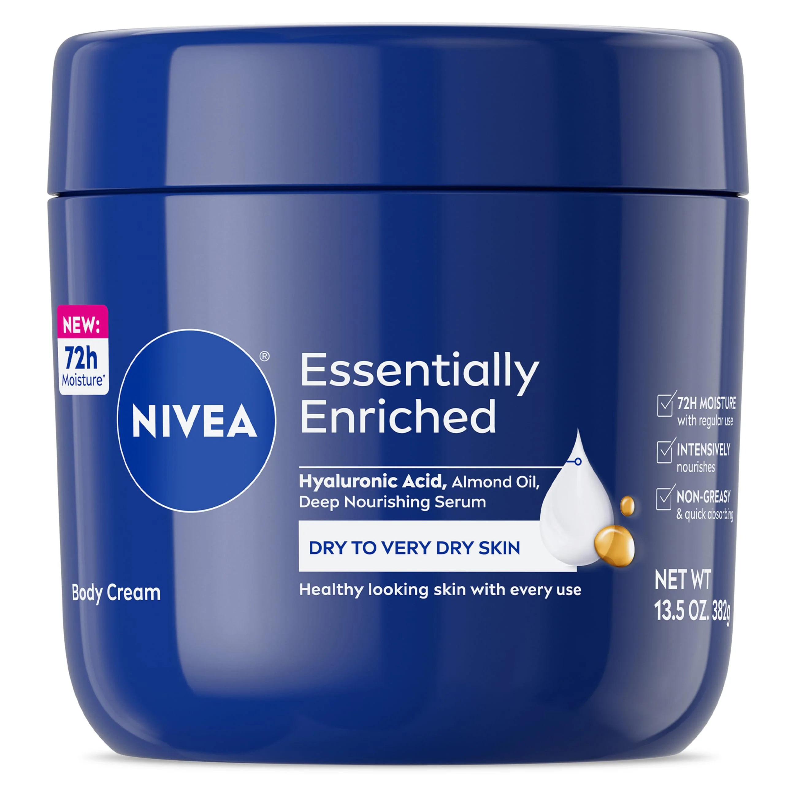 Contemporary NIVEA Essentially Enriched Body Cream for Dry to Very Dry Skin with Hyaluronic Acid Deep Nourishing Serum and Almond Oil 72-Hour Body Moisturizer Original Design