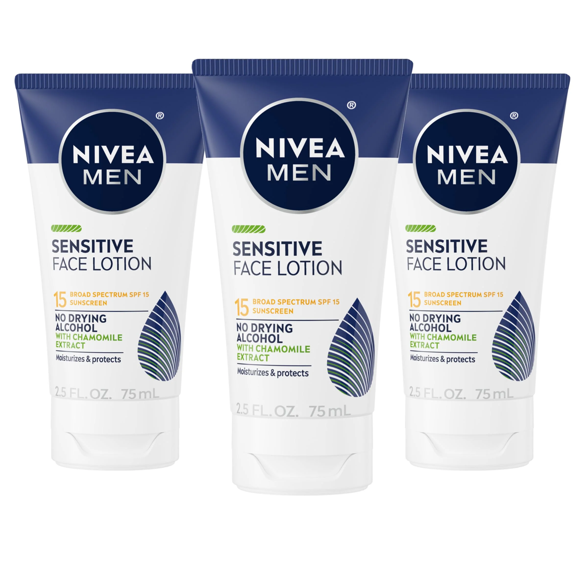 Prestigious NIVEA MEN Sensitive Face Lotion with SPF 15 Broad Spectrum Sunscreen 3 Pack of 2.5 Fl Oz Tubes Elegant