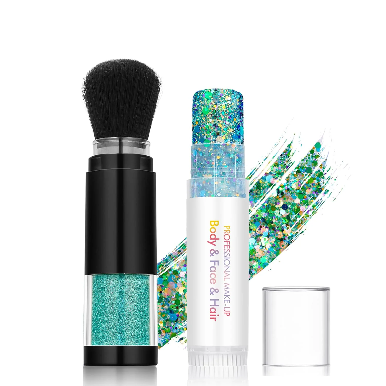 Environmentally Friendly Holographic Mermaid Glitter Makeup Kit 2-in-1 Body Face Stick Loose Powder with Built-in Brush for Festival Rave Concert Carnival Shimmery Sophisticated