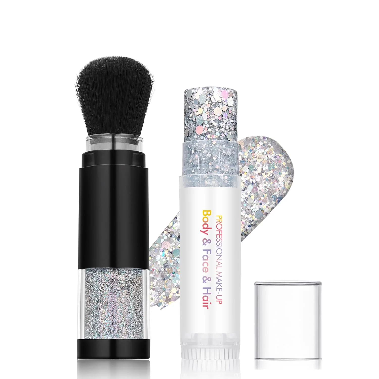 Pure Holographic Mermaid Glitter Makeup Kit 2-in-1 Body Face Stick Loose Powder with Built-in Brush for Festival Rave Concert Carnival Shimmery Safe