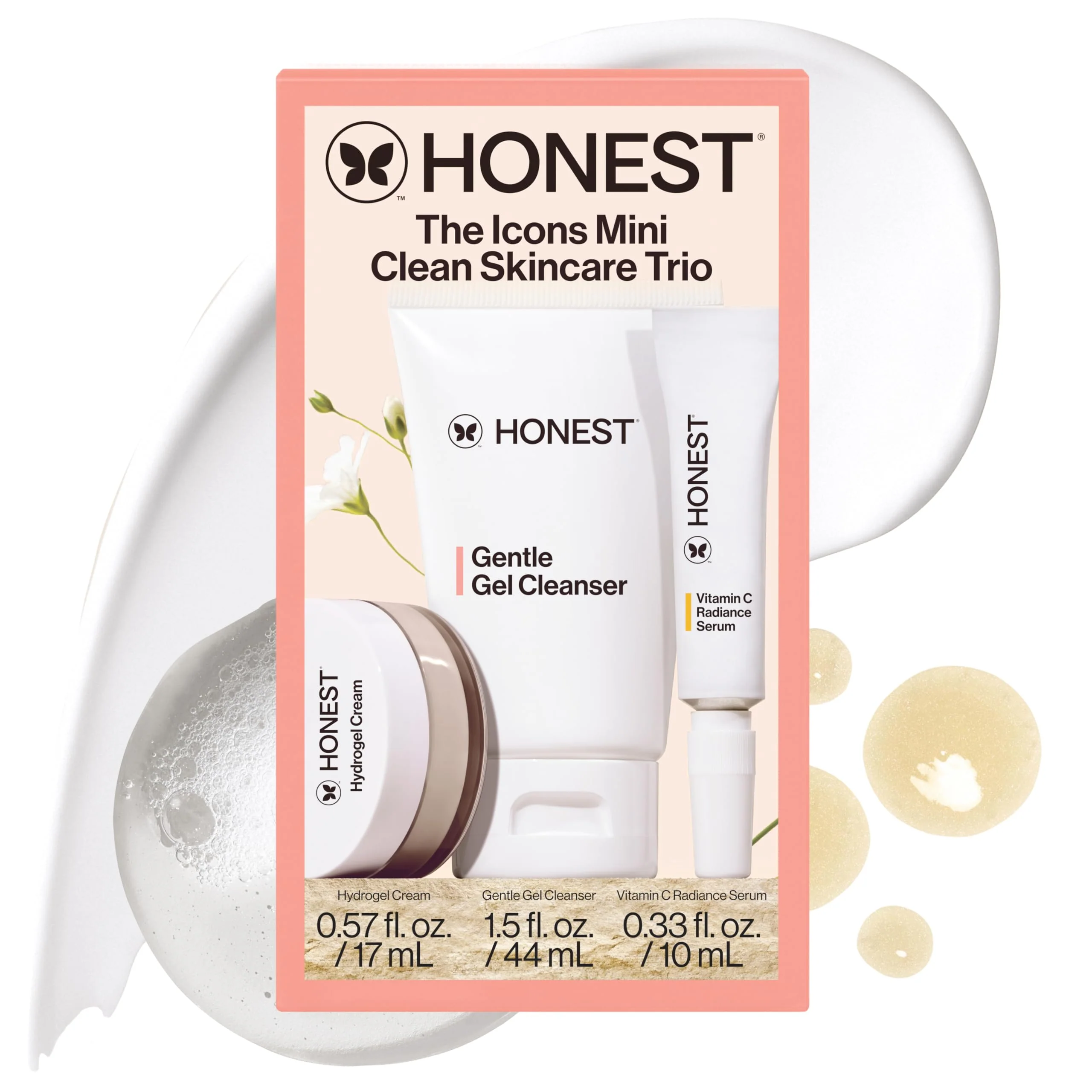 Refined Honest Beauty The Icons Skincare Trio Travel Kit Mini Hydrogel Cream Gentle Gel Cleanser Vitamin C Radiance Serum for Sensitive Skin Vegan Functional