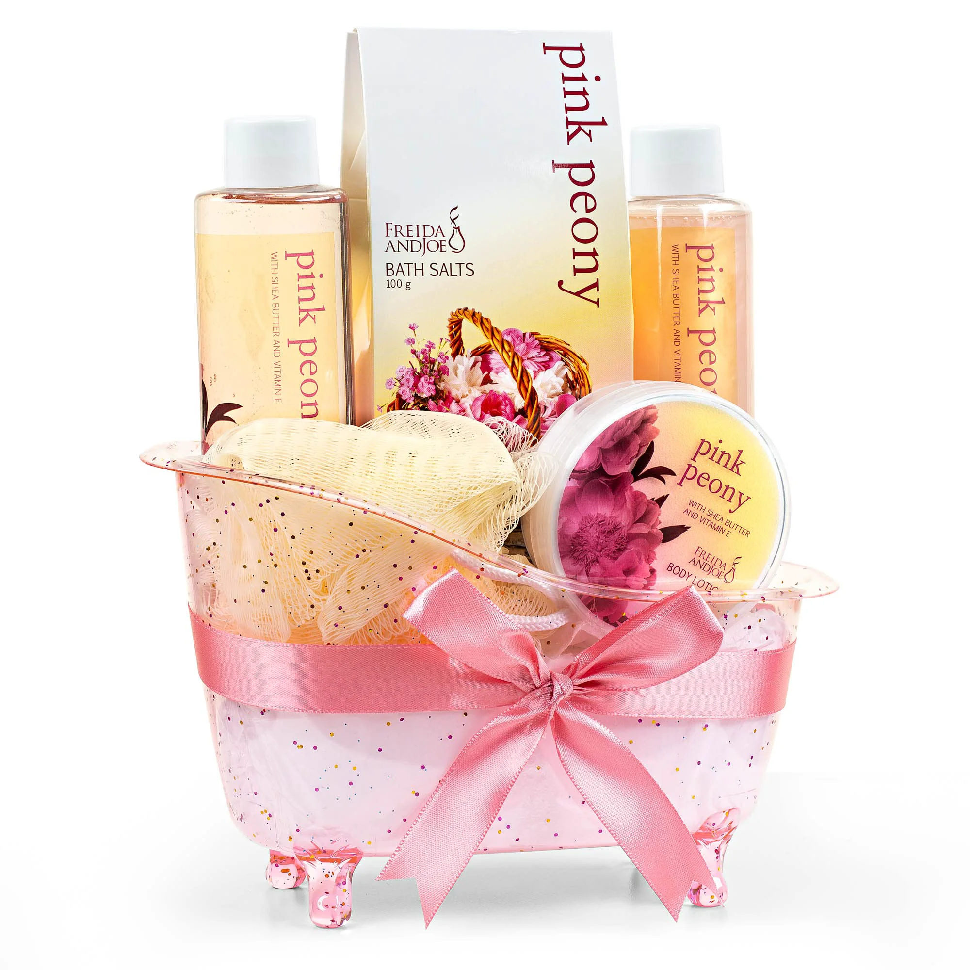 Excellent Home Spa Gift Basket Peony Spa Set For Women Contains Shower Gel Bubble Bath Body Lotion Peony Bath Salt Puff in a Pink Feminine Tub - Mother's Expertly Made