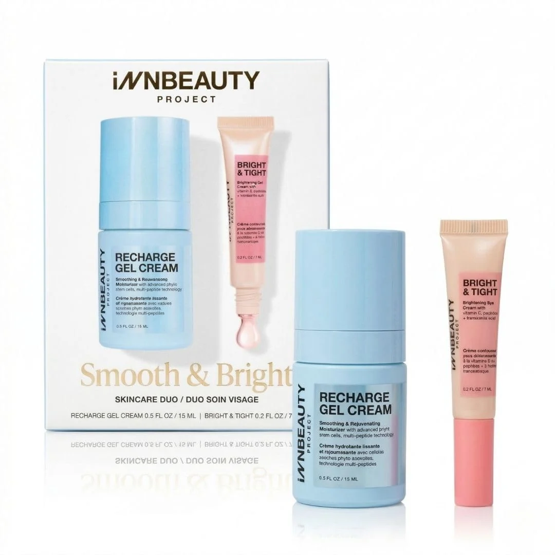 INNBEAUTY Project Smooth Bright Travel Skincare Holiday Gift Set - Gel Cream Eye Cream for Hydration Radiance Dark Circles Responsible