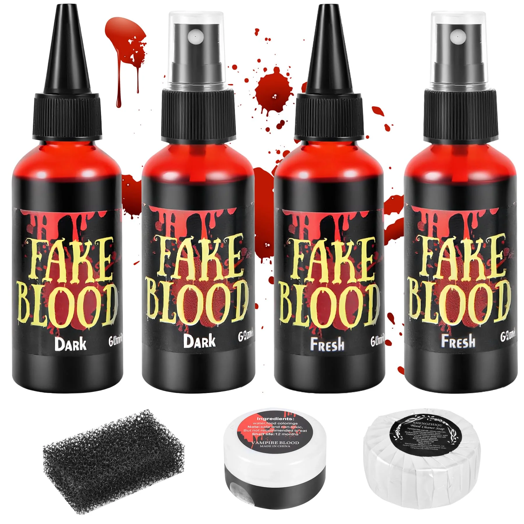 Certified JAYUWE 7 PCS Halloween Fake Blood Spray Makeup Kit - Fake Blood 2.1oz X4 Coagulated Blood Gel 1.41oz Soap Sponge Washable Blood Paint Practical