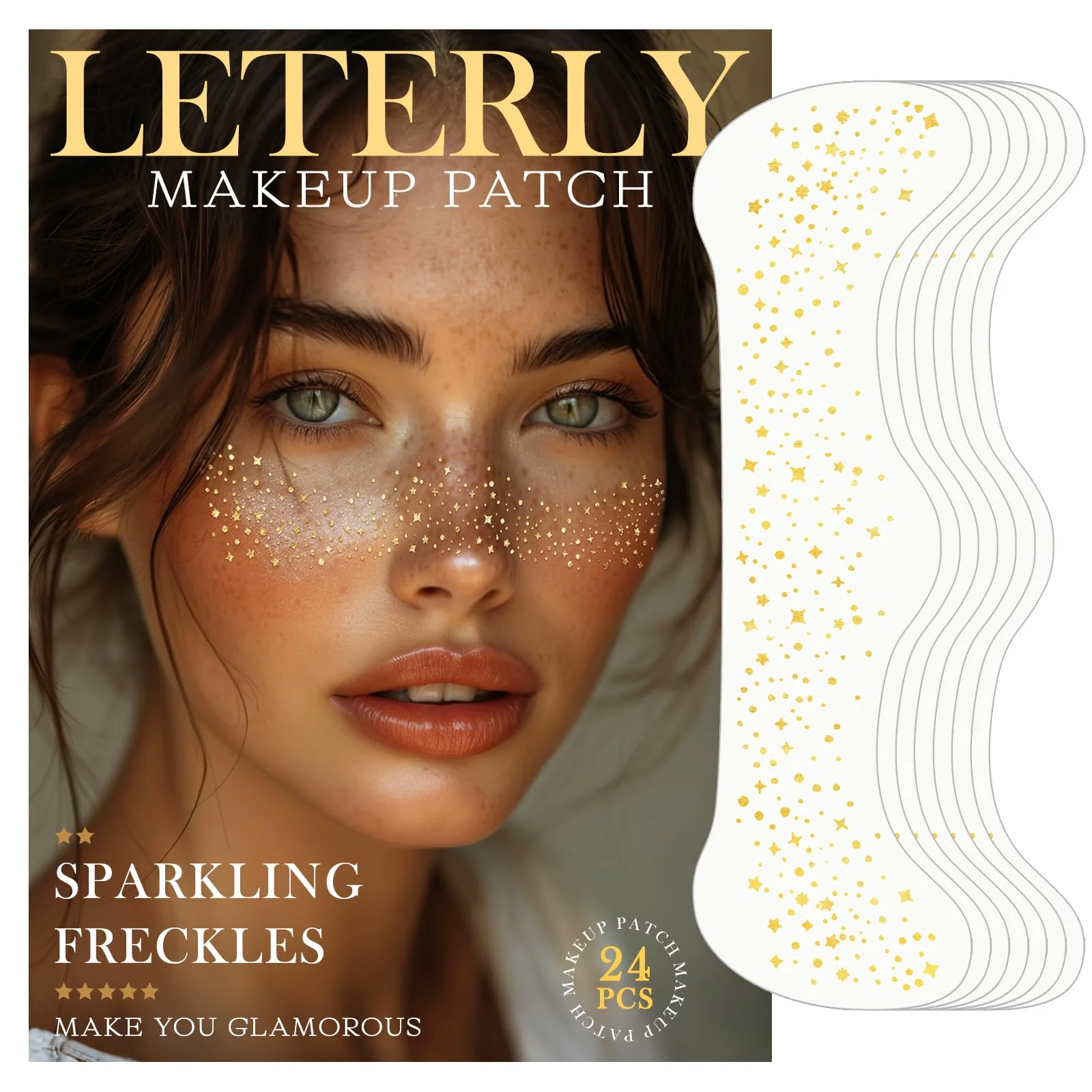 Exclusive Leterly 24 Pcs Glitter Freckles Face Tattoo Gold Face Glitter Makeup Patches Cute Sparkle Freckles Patches Waterproof Makeup Speckles for Face Environmentally Friendly