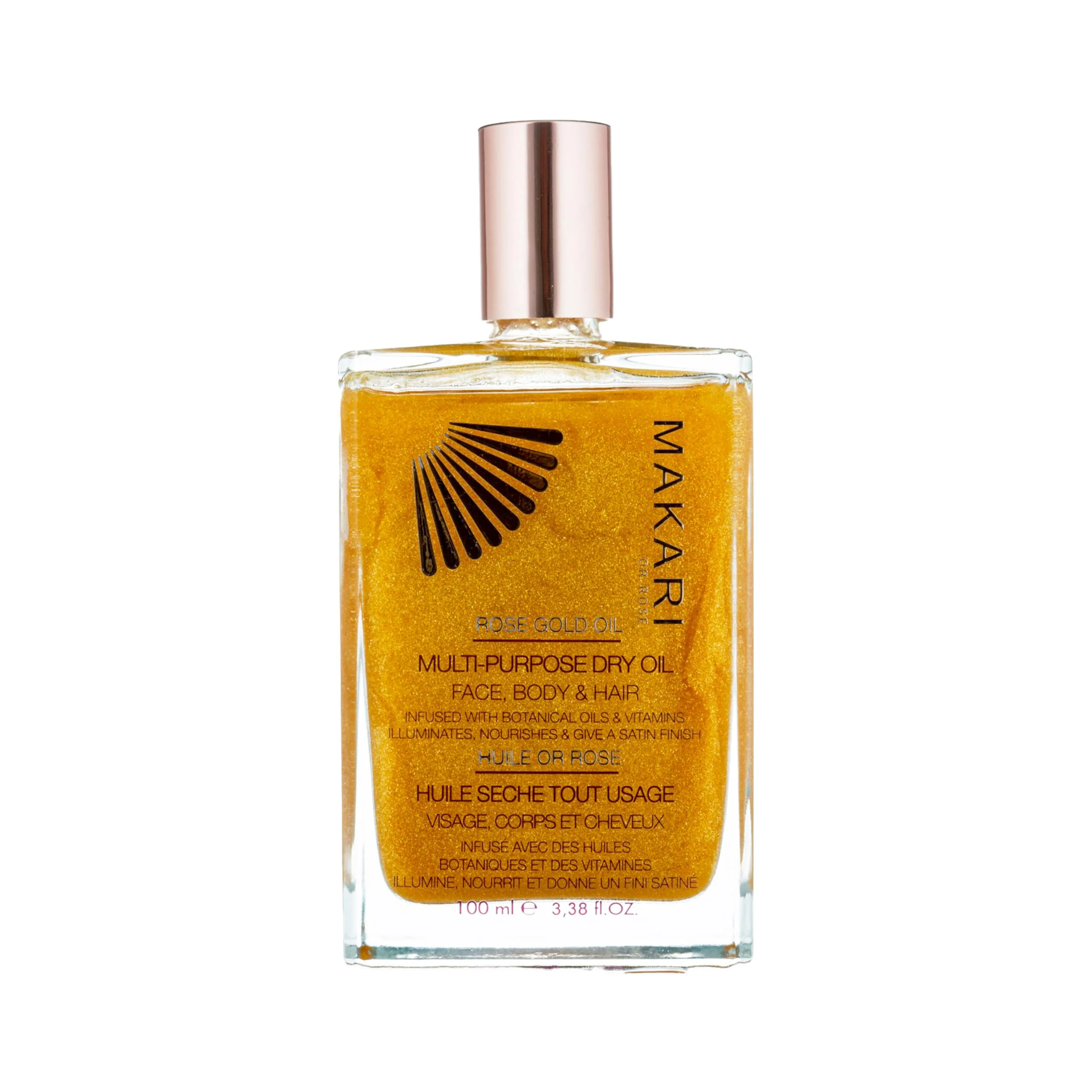 Contemporary MAKARI 24K Rose Gold Multi-Purpose Dry Shimmer Oil 3.38 fl oz Body Shimmer Oil for Face Hair and Body Shimmer Body Oil with Gold Flakes Specialty