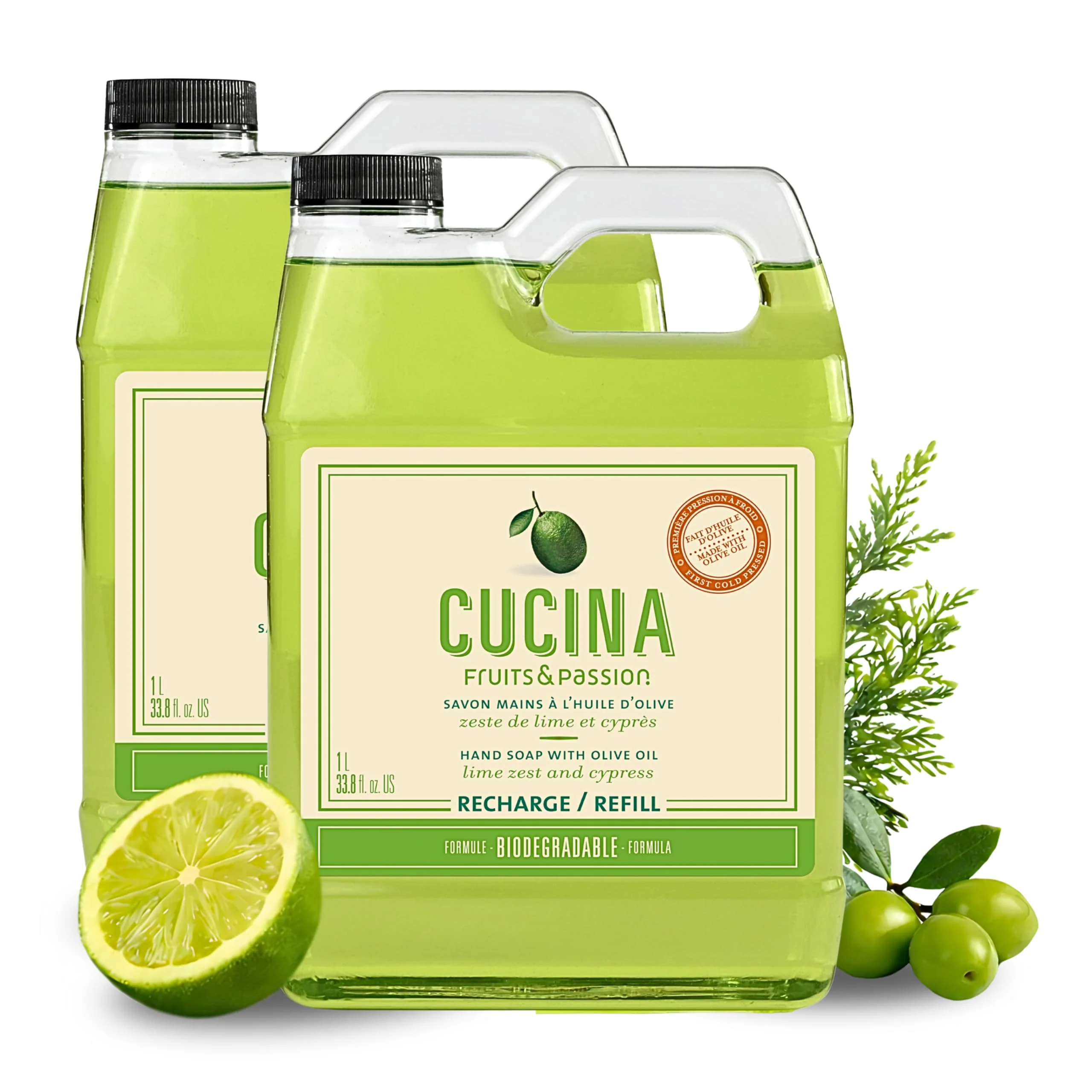 Green Cucina Fruits Passion Lime Zest Cypress Kitchen Hand Soap Refill 1L Each - 2 Pack Biodegradable Cold-Pressed Olive Oil Vegan Made in Canada Elite