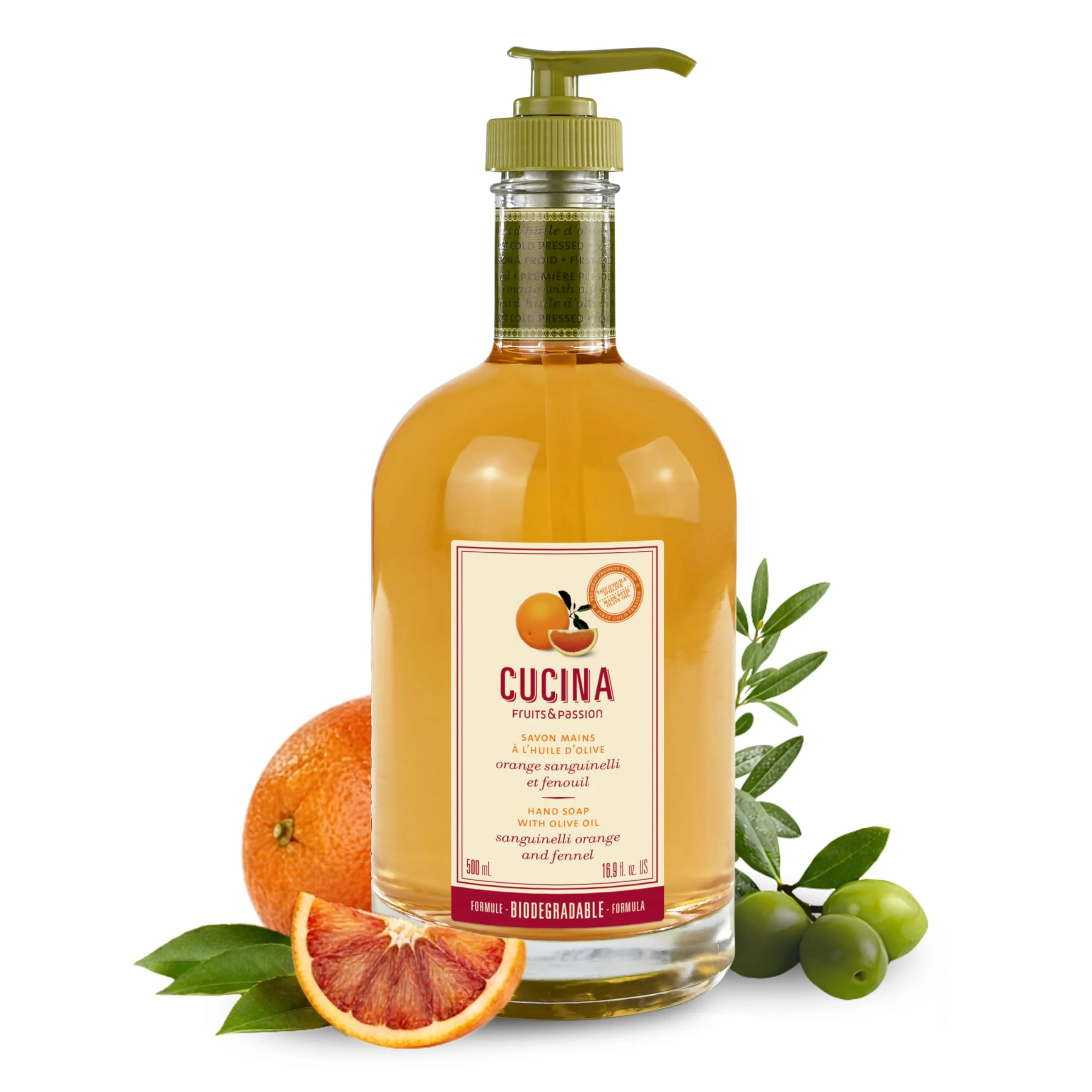 Organic Cucina Fruits Passion Kitchen Hand Soap Sanguinelli Orange Fennel Natural Liquid Soap with Cold-Pressed Olive Oil Moisturizing Formula in Crafted