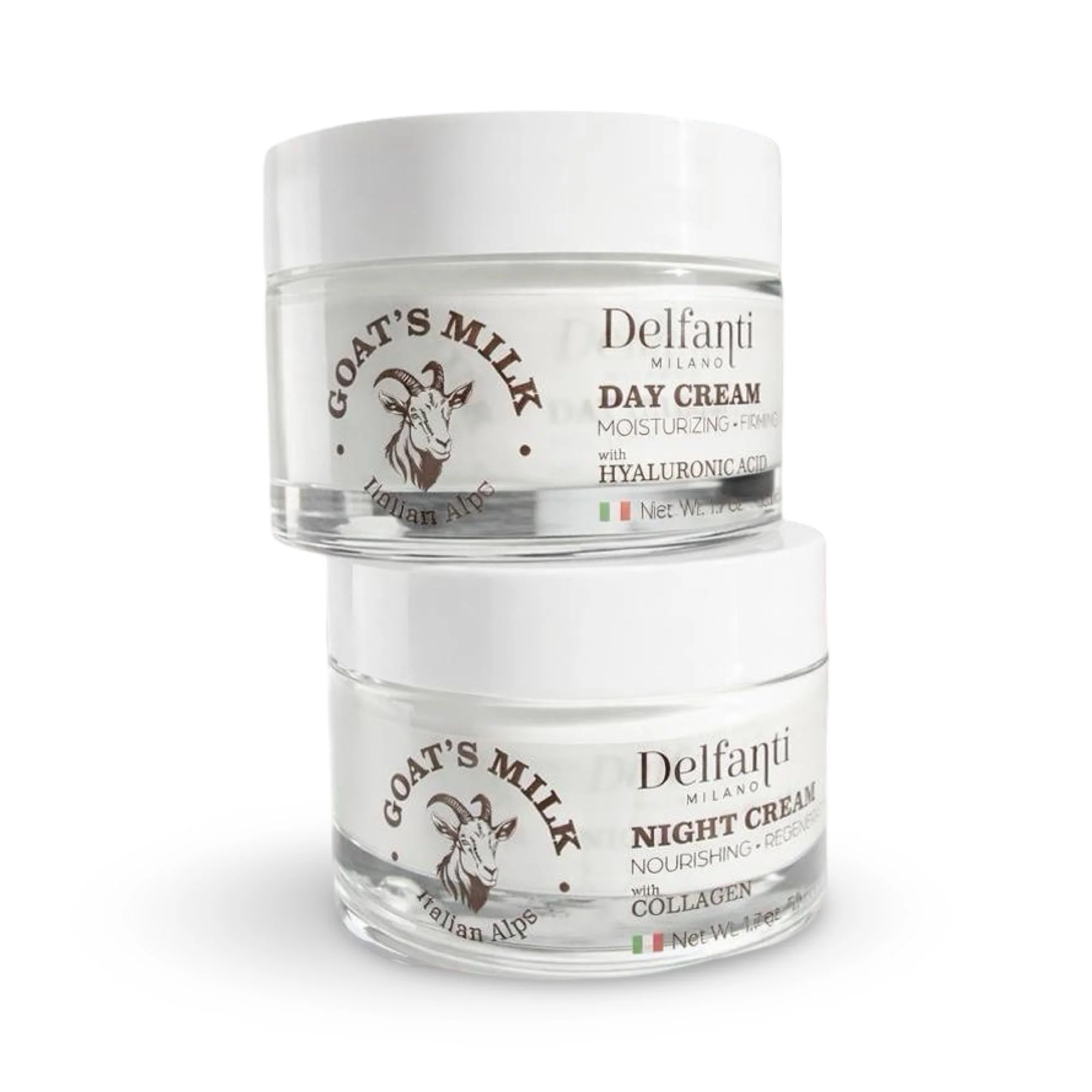 Lightweight Delfanti-Milano • FULL SIZE DUO PACK • GOAT'S MILK with HYALURONIC ACID Day Cream and GOAT'S MILK with COLLAGEN Night Cream • Face and Neck Exceptional