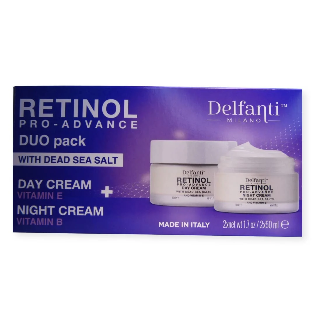 Clean Delfanti-Milano • RETINOL PRO-ADVANCE • Anti-Aging DUO pack • Day Night Creams • Face and Neck Moisturizers with Dead Sea Minerals and Vitamins E Fast