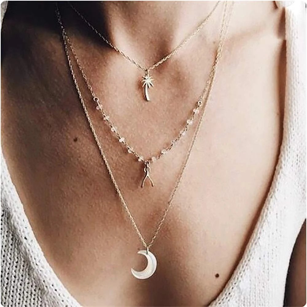 Effective DoubleNine Boho Layered Necklace Crescent Pendant Charm Jewelry Retro Accessories for Women Girls Quality