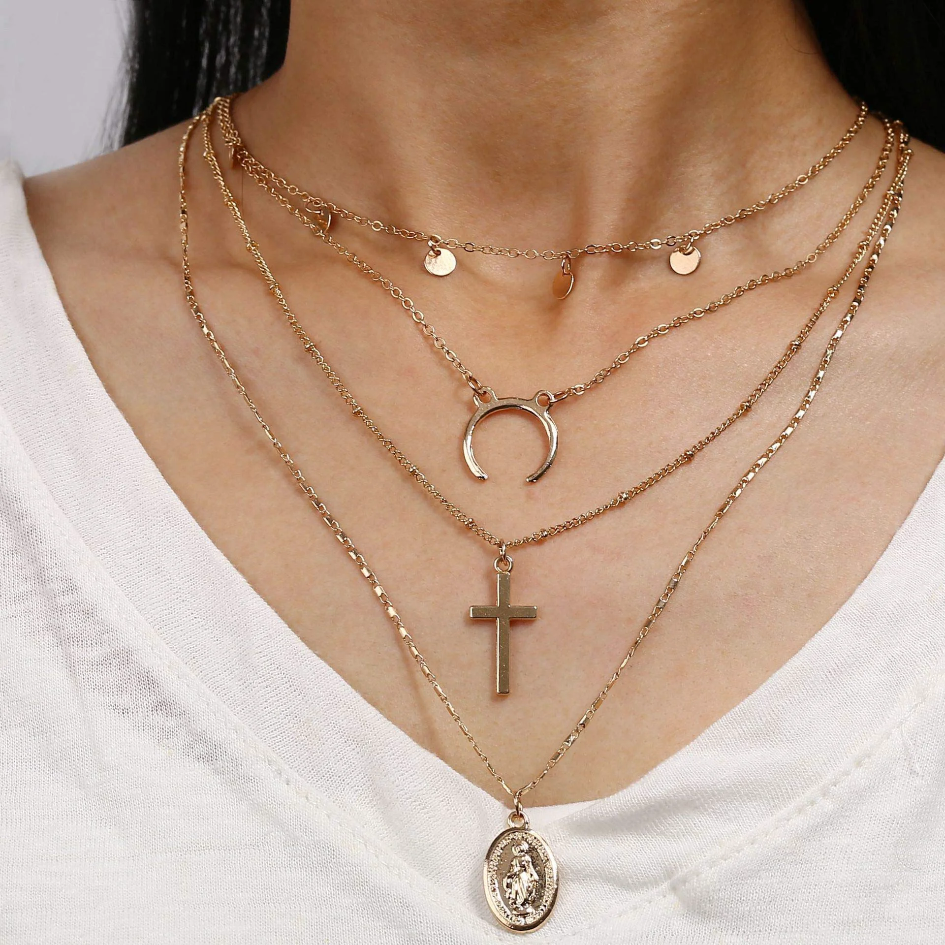 Functional DoubleNine Boho Layered Necklace with Coin Cross Moon Crescent Saint Charm Jewelry Retro Accessories for Women Girls Modern