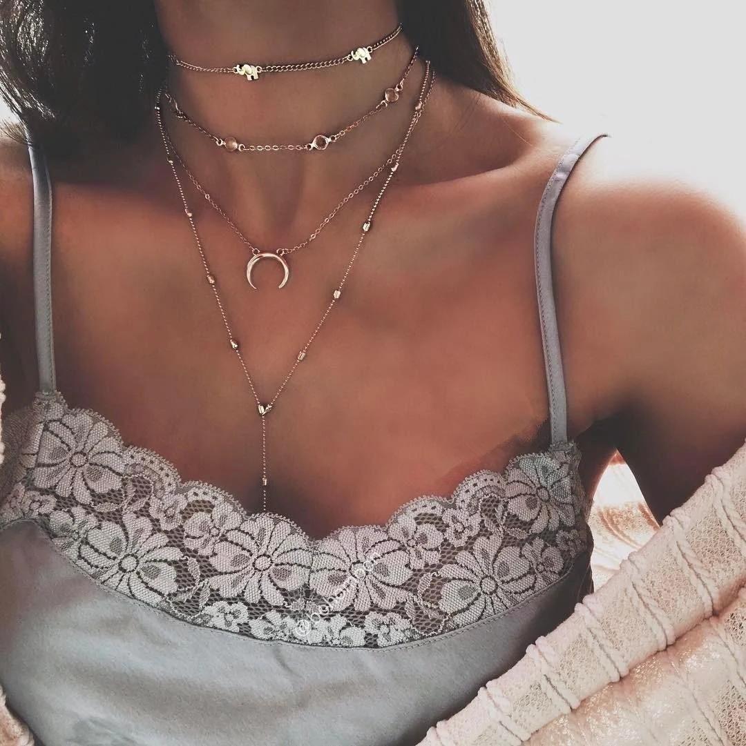 Breathable DoubleNine Bohemian Multilayered Necklace Layering Elephant Horn Moon Choker Long Chain Jewelry Accessories for Women Girl silver Elegant