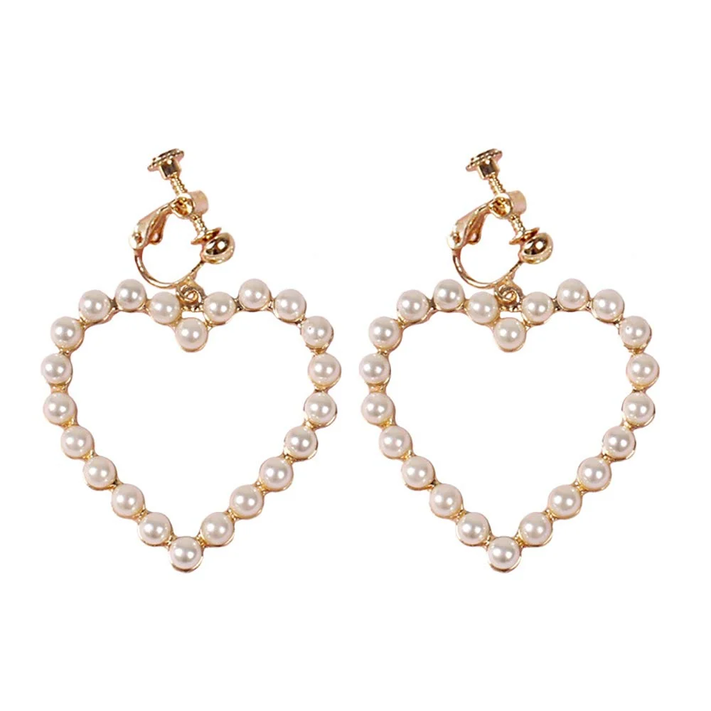 Top-Quality DoubleNine Wedding Bridal Earrings Clips No Piercing Heart Hoop Cute Beads Gold Minimal Love Sweet Jewelry for Women Girls Sustainable