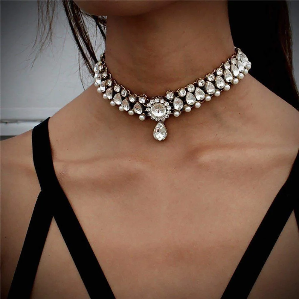 Relaxed DoubleNine Rhinstone Crystal Choker Wedding Bridal Necklace Collar Teardrop Handmade Prom Statment Accessories for Women Girls Bridesmaid Gift Convenient
