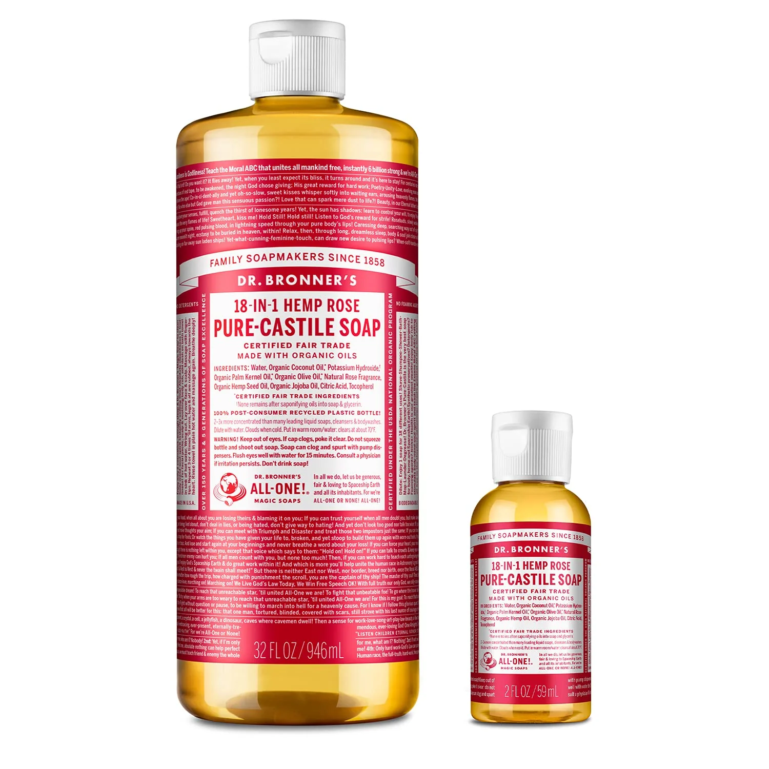 Organic Dr. Bronner's Pure-Castile Liquid Soap - Rose Bundle. 32 oz. Bottle and 2 oz. Travel Bottle High-Grade