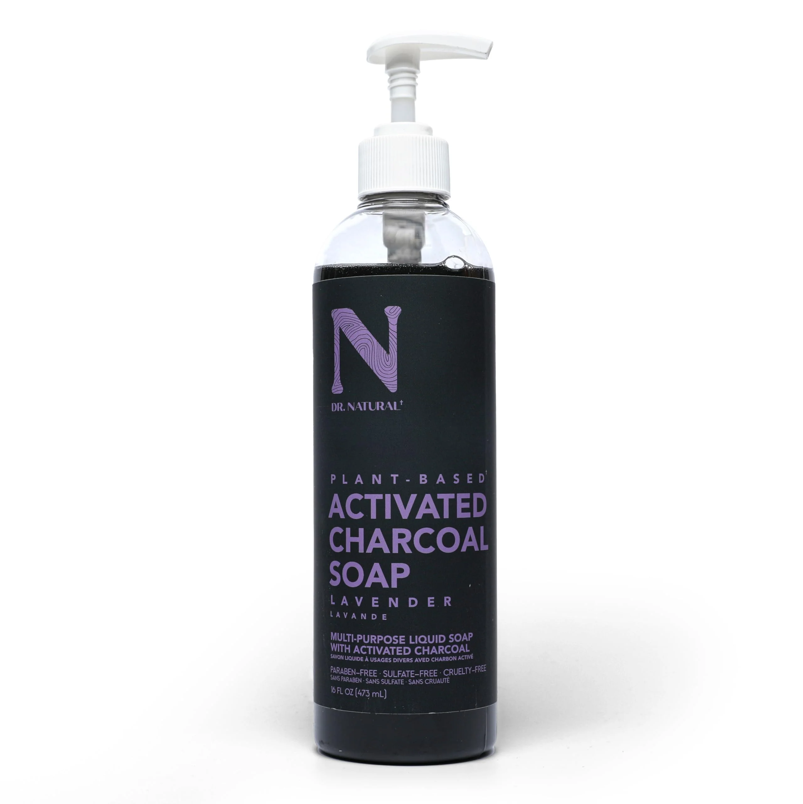 Classic Dr. Natural Activated Charcoal Liquid Soap - Anti Acne and Blemishes - Deep Cleansing Body Wash - Gentle Body Soap for Clear Skin - Lavender - 16 oz