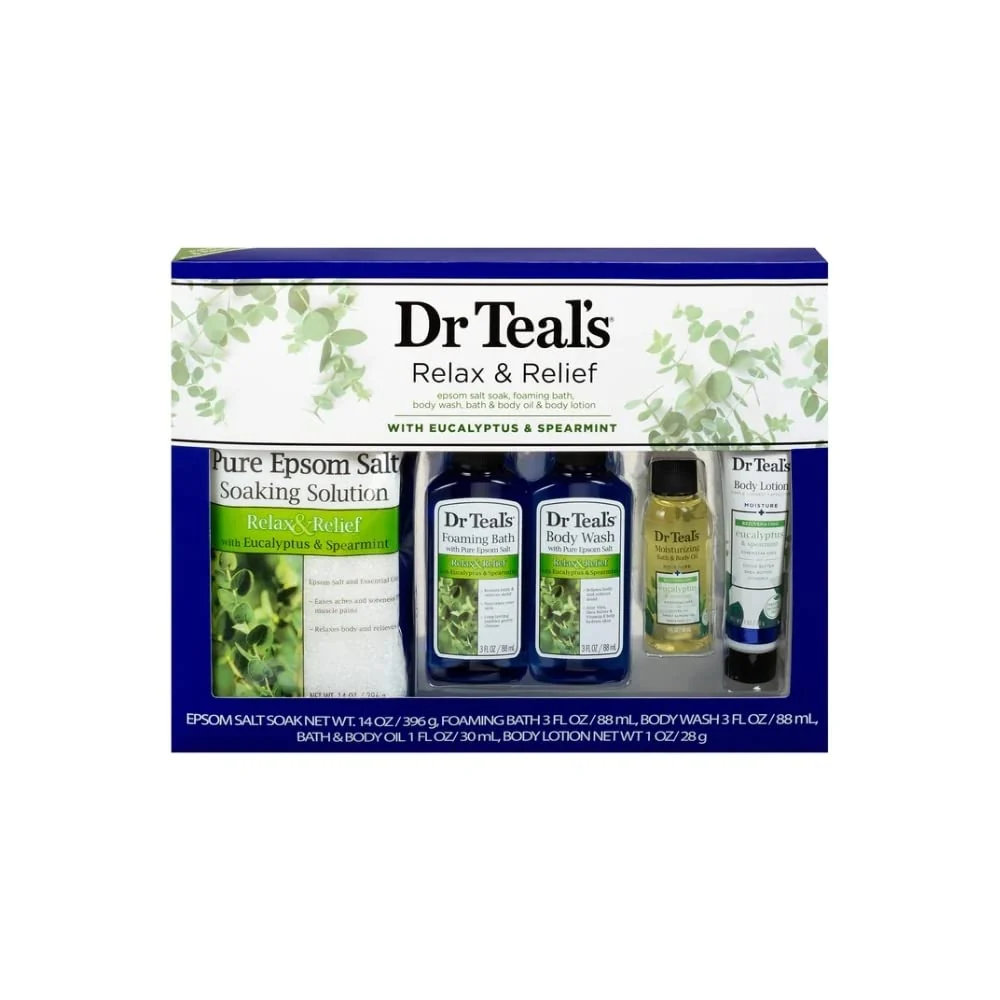 Authentic Dr Teal's Eucalyptus Spearmint Relax Relief Full Regimen 5-Piece Gift Set Epsom Salt Soaking Solution Foaming Bath Body Wash Moisturizing Bath Carefully Designed