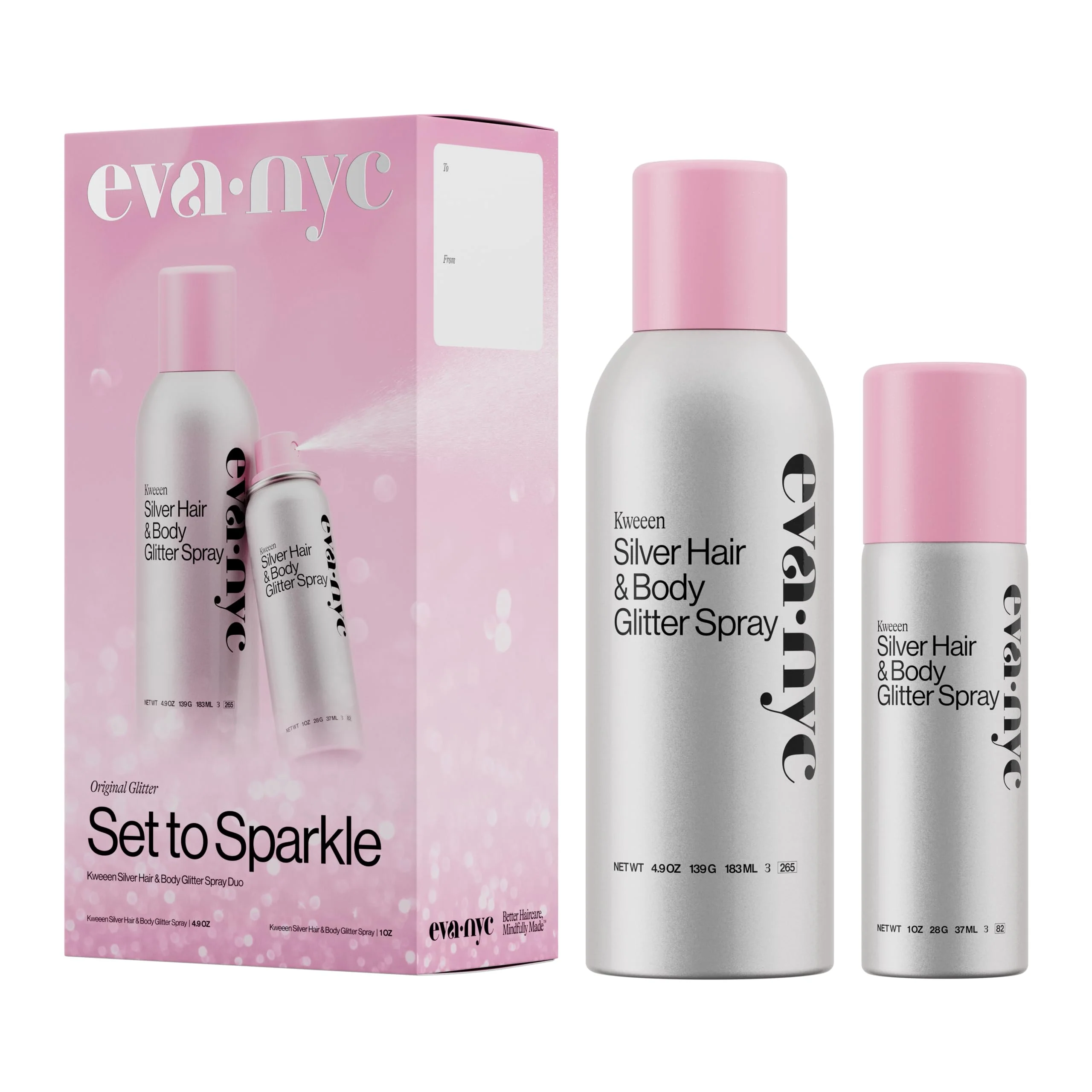 Clean Eva NYC Kweeen Silver Hair and Body Glitter Spray Set - Ultra Shimmery Glitter New Look - Adds Shine Non-Sticky - Quick Drying Spray Fast