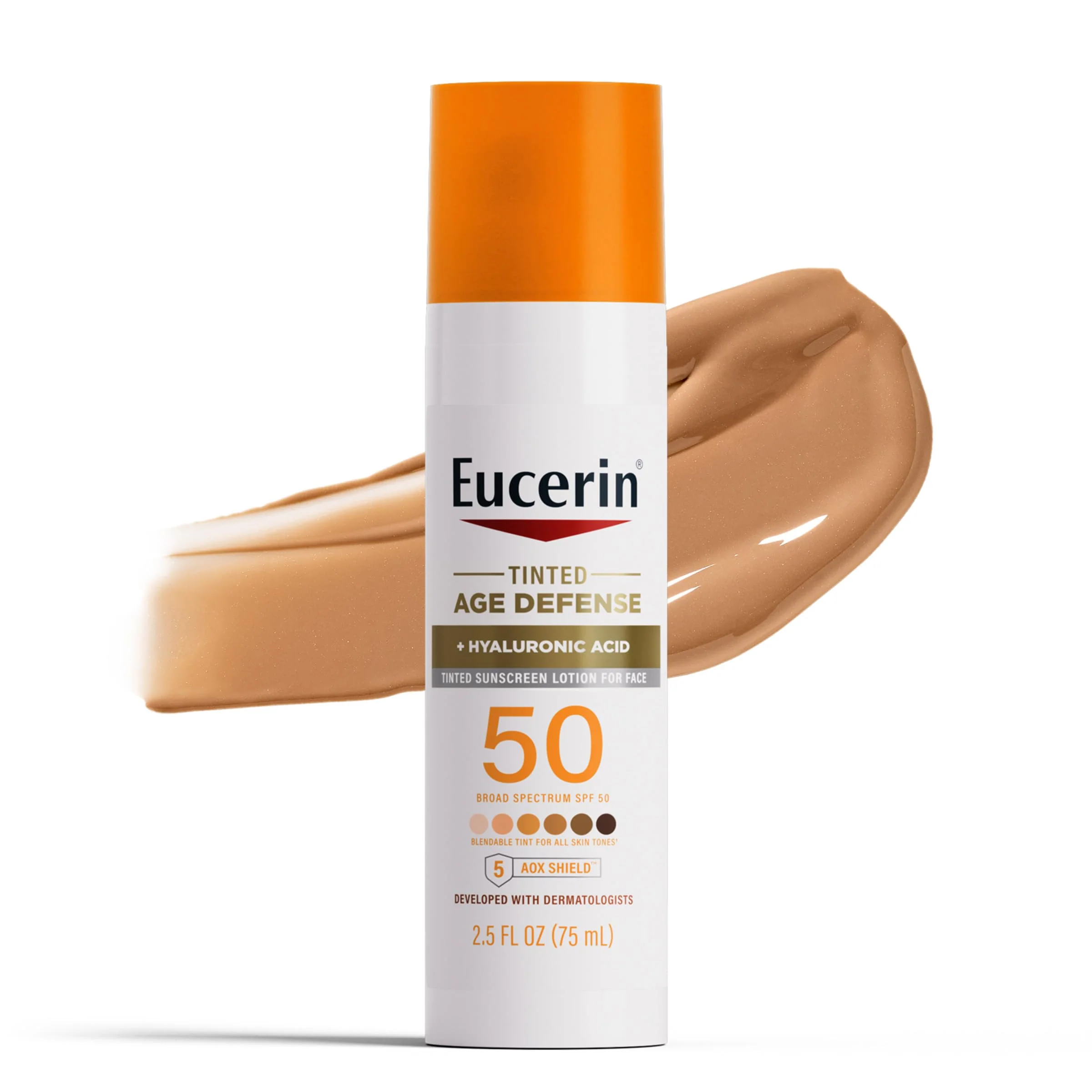 Next-Generation Eucerin Sun Tinted Age Defense Face Sunscreen Lotion SPF 50 with Hyaluronic Acid Tinted Sunscreen for Face Blendable Tint for All Skin Tones Non Soft