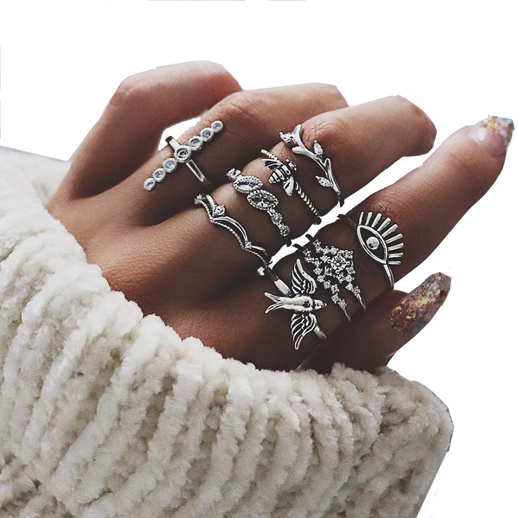 Top-Quality Exaggerated bird bee crown with diamonds branches and diamonds devil's eye ring nine-piece joint ring Enhanced