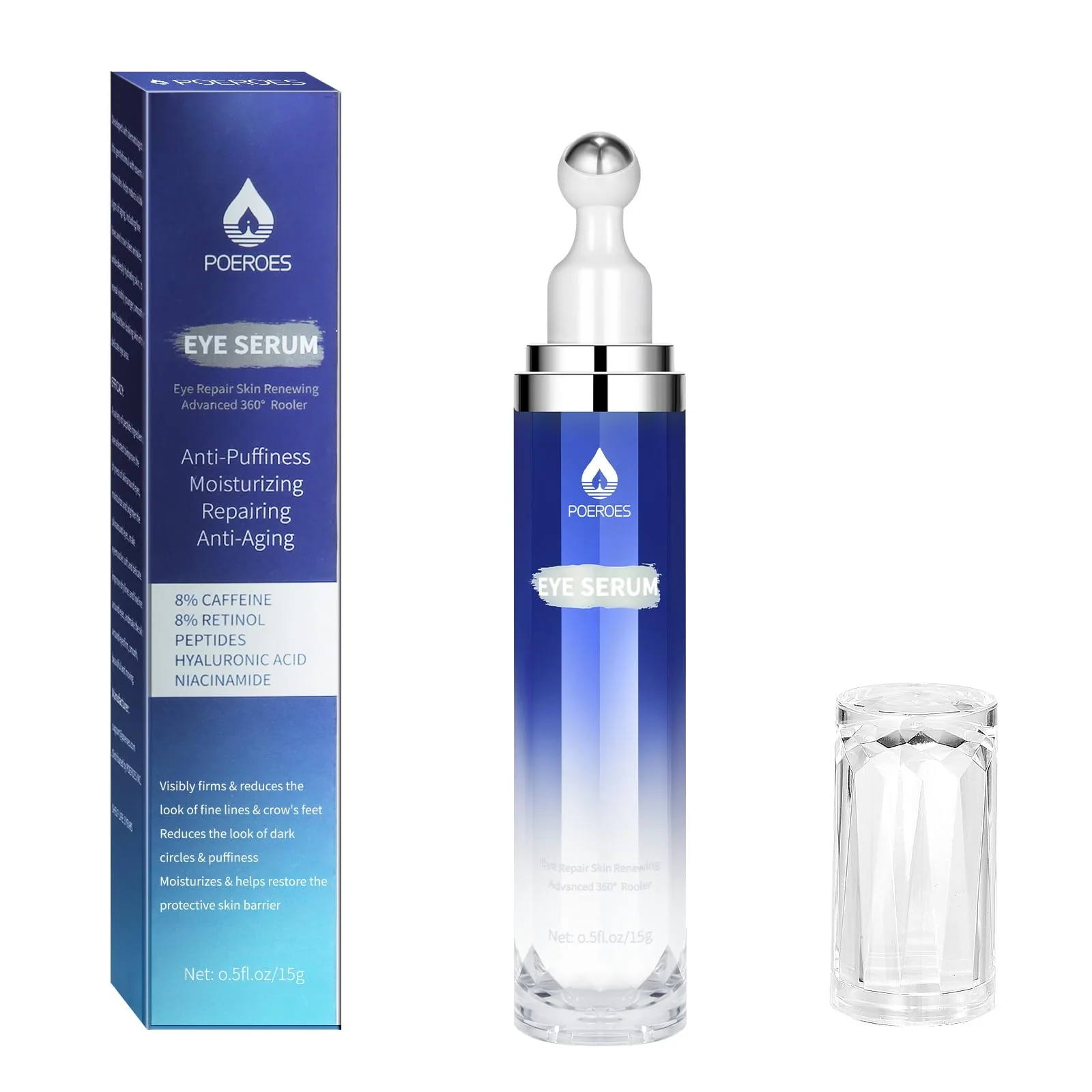 Authentic Eye Serum with 8 Caffeine 8 Retinol Hyaluronic Acid Niacinamide peptides for Puffy Bags Fine Lines Dark Circles Wrinkles Under Eye Cream with 360° Functional