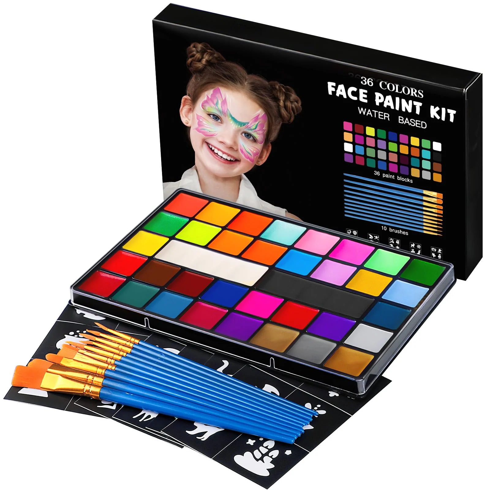 Original Design Face Painting Kit for Kids 36 Colors Water Activated Face Paint with Brushes Stencils Non-Toxic Halloween Makeup Kit Professional Face Body Paint Expertly Made