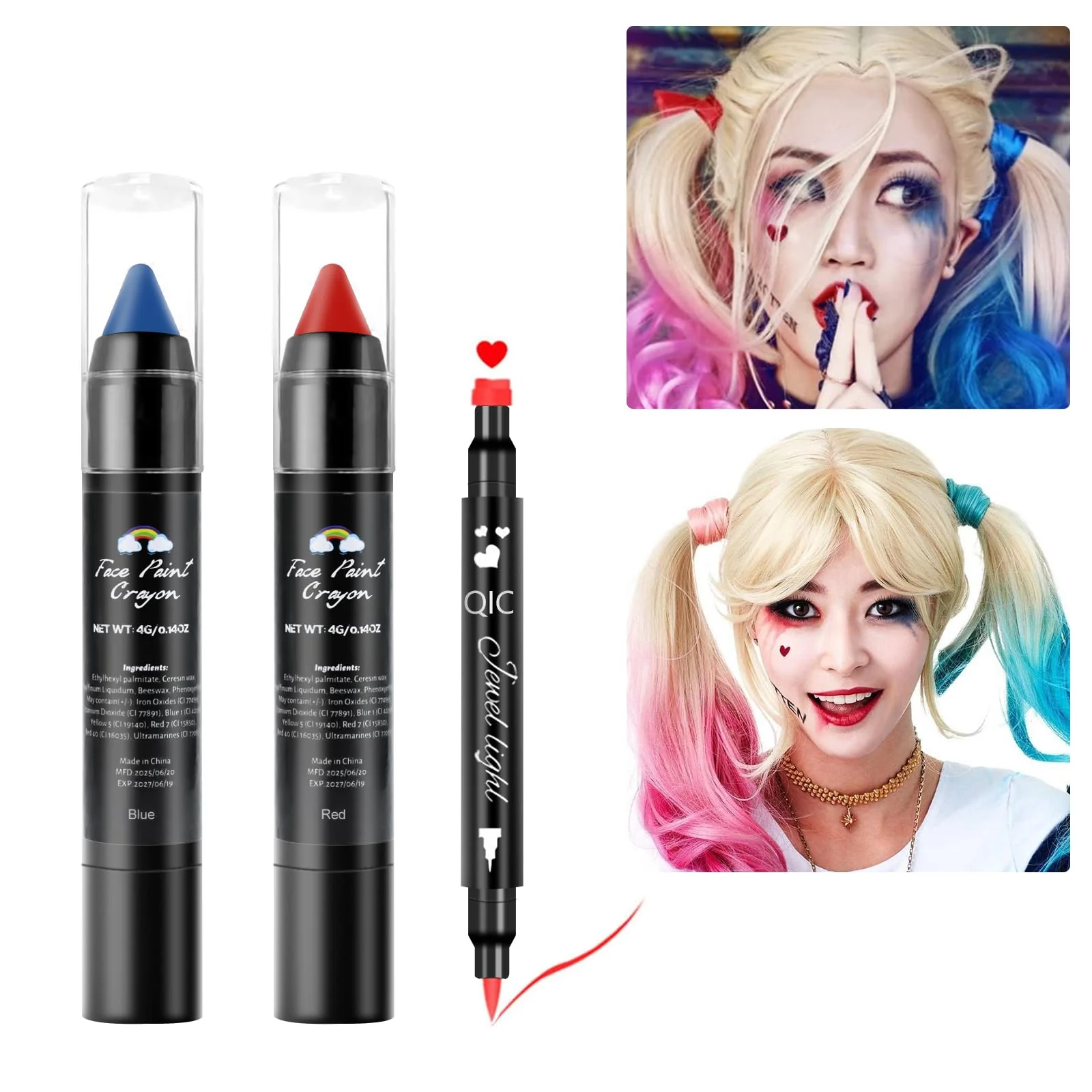 Casual Face Paint Kit for Halloween Harley Quinn Cosplay Party Makeup for Women Girls Red Blue Face Body Painting Cream Blendable Sticks Red Liquid Advanced