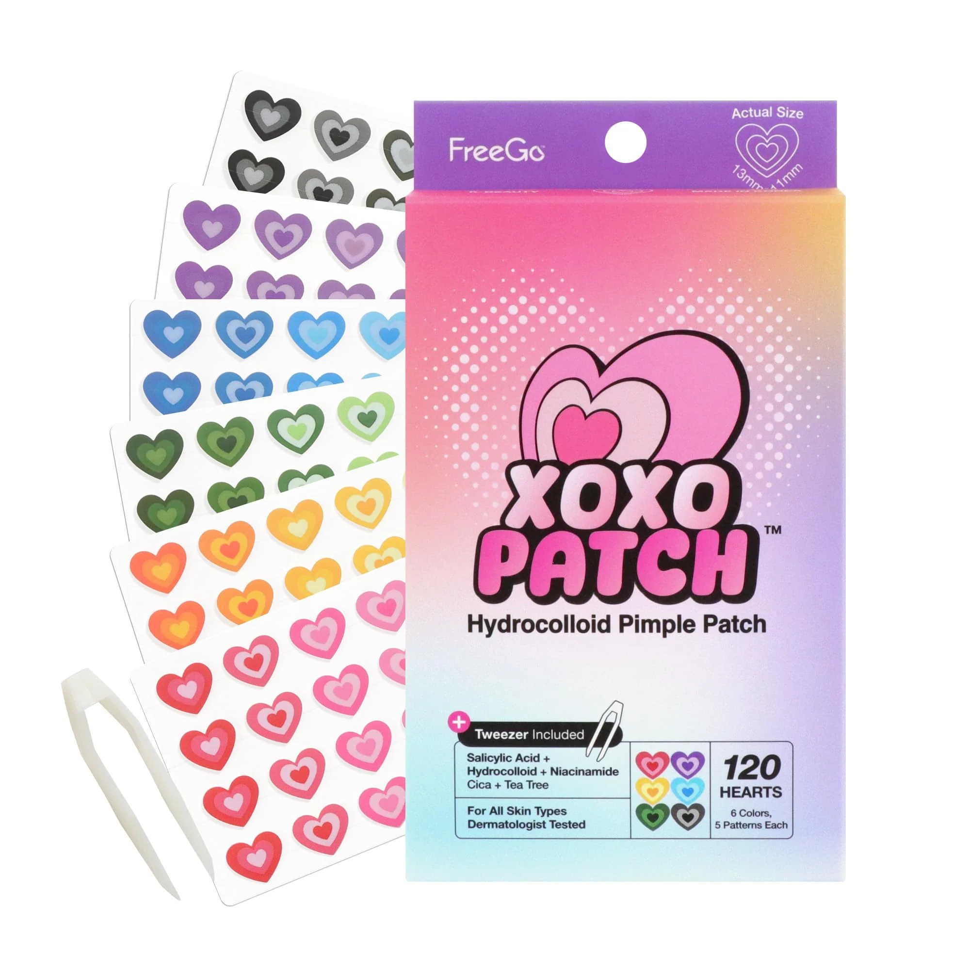 Effective Go XOXO Hydrocolloid Pimple Patch 120 Counts Cute Colorful Heart Shape Salicylic Acid Niacinamide CICA Tea Tree Made in Korea Responsible