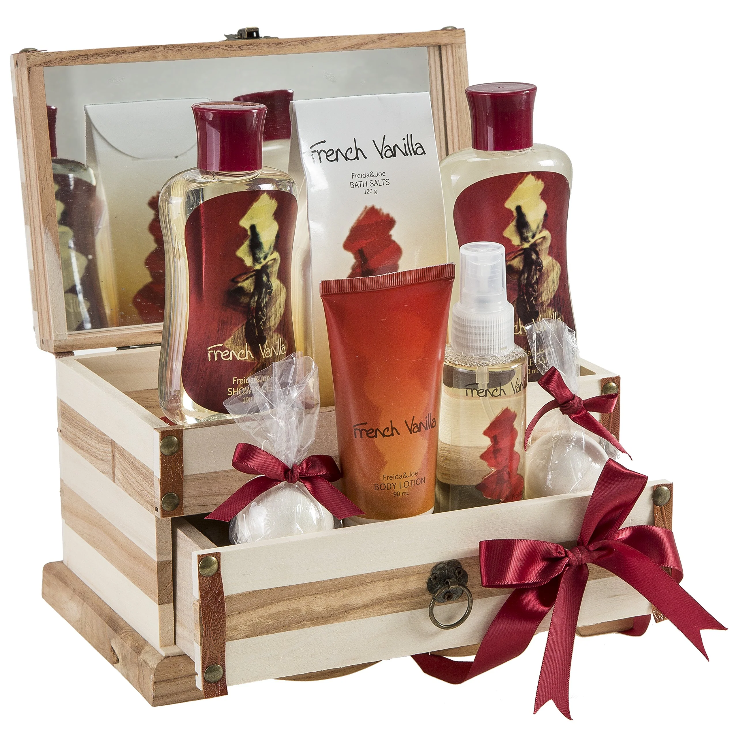 Innovative French Vanilla Bath Set Essential Bath and Body Basket 2 Vanilla Bath Bombs Body Lotion Body Spray Bath Salts etc in a Wooden Jewelry Box Gift Clean