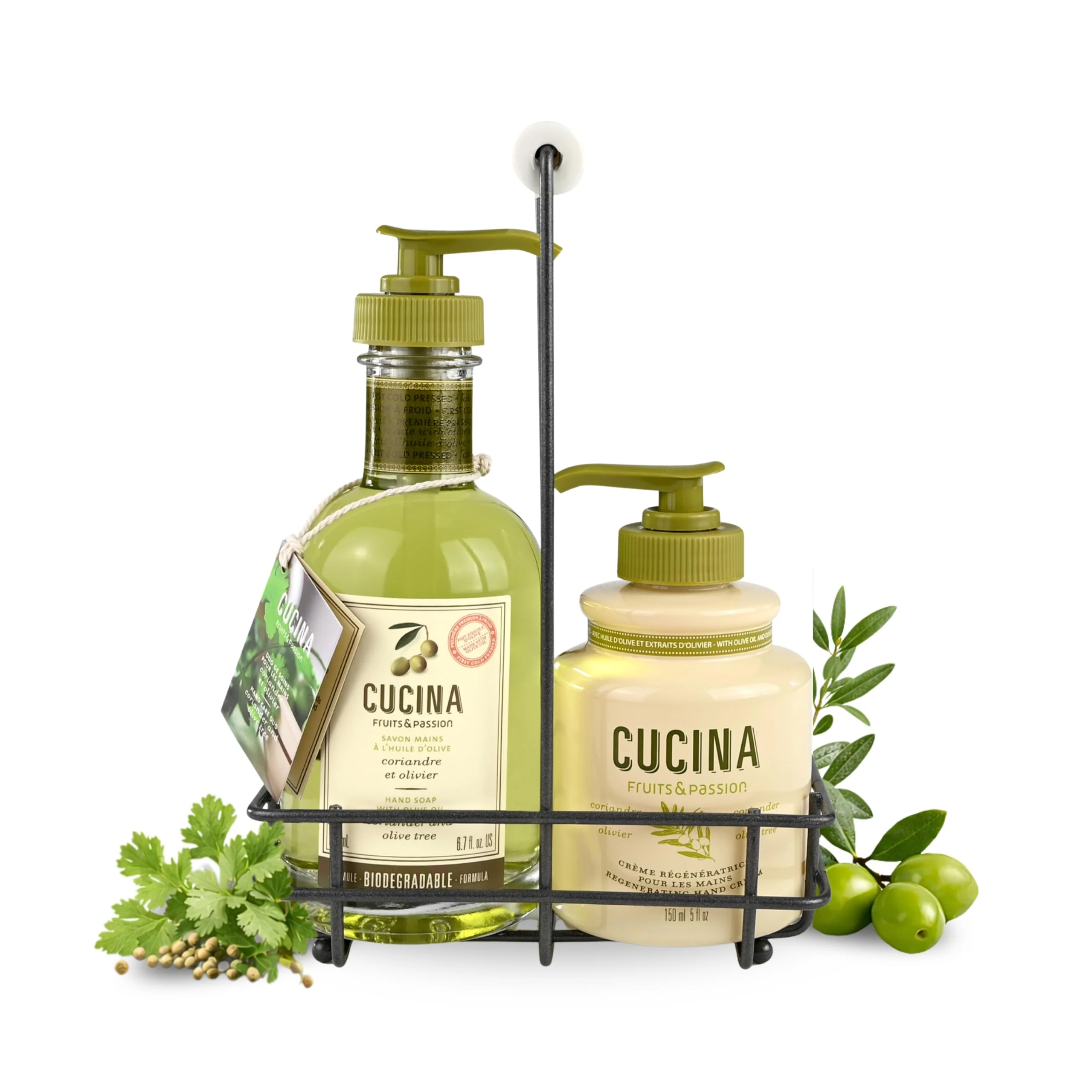 World-Class Fruits Passion Cucina - Hand Care Duo Caddy Gift Set Liquid Hand Soap Wash 5.1 oz with Hand Cream Lotion 6.8 oz Coriander Olive Elite