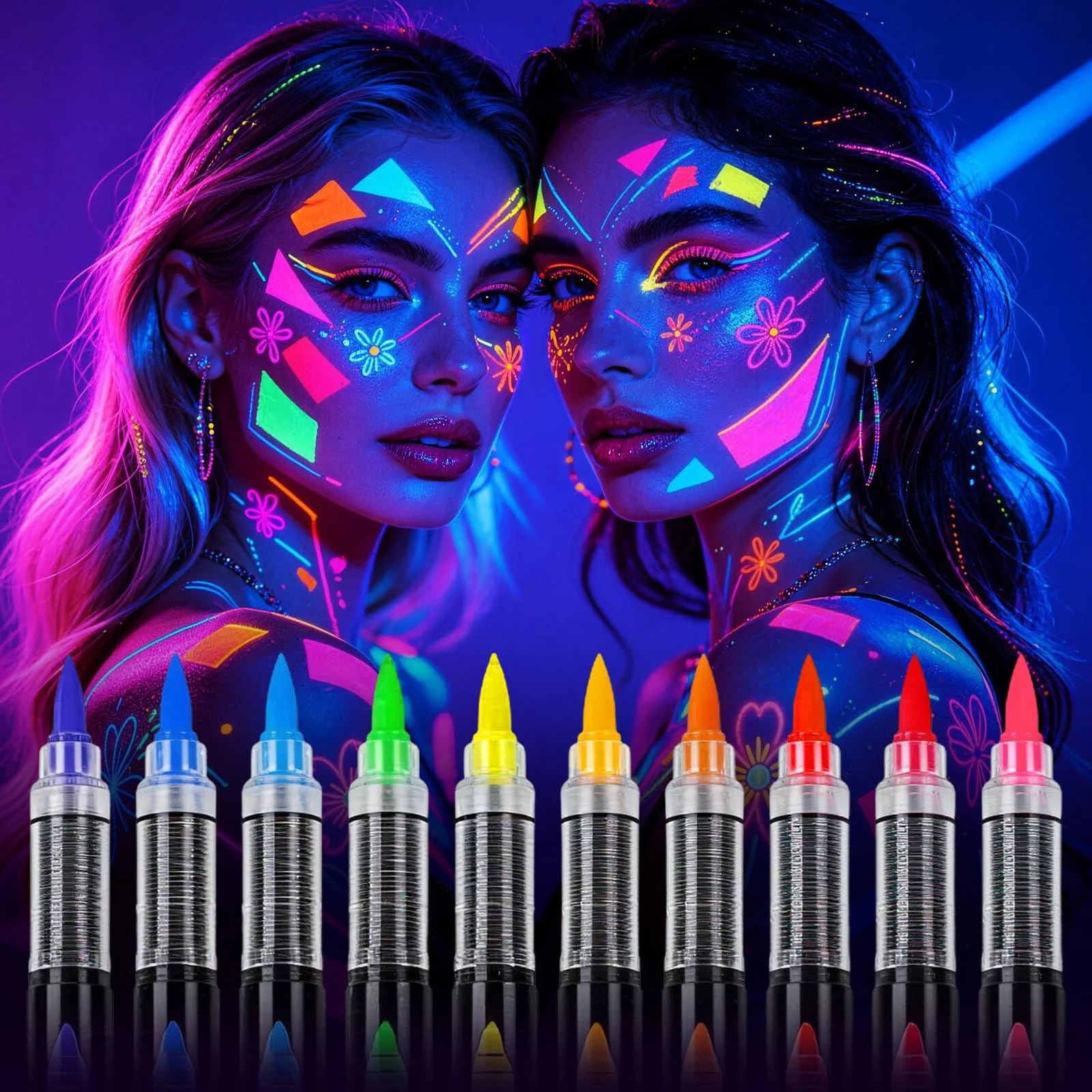 Advanced 10 Colors Glow in the Dark Body Paint Markers Neon Face Body Paint Set UV Light Reactive Paint for Parties Halloween Cosplay Washable Paint High-Quality