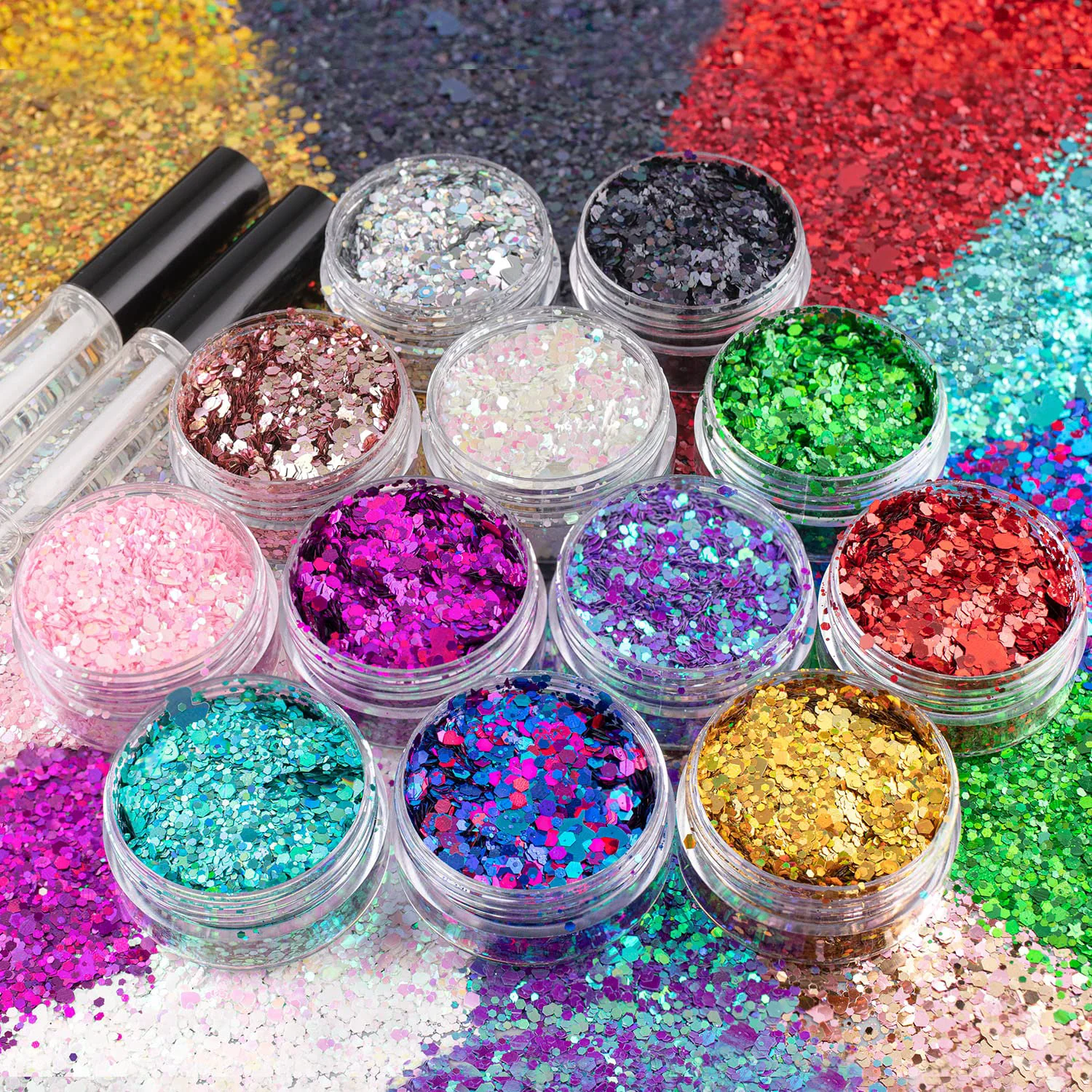Easy-to-Use 12 Colors of Holographic Chunky Glitter with Quick Dry Glue 12 Pots Total 120g Multi-Shaped for Body Hair Face Eyes Make-up Nail Art and Bedazzling Comfortable