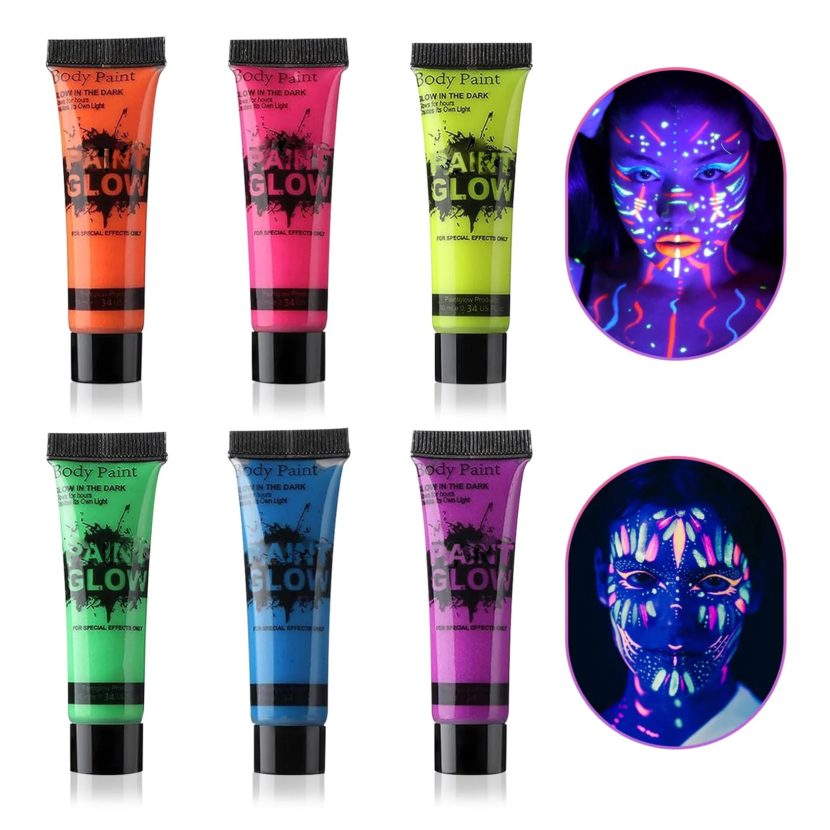 Durable 6 Colors Glow in the Dark Face and Body Paint Set - Halloween Cream for Skin Professional Painting Kit for Party Cosplay Blacklight Glow SFX Recyclable