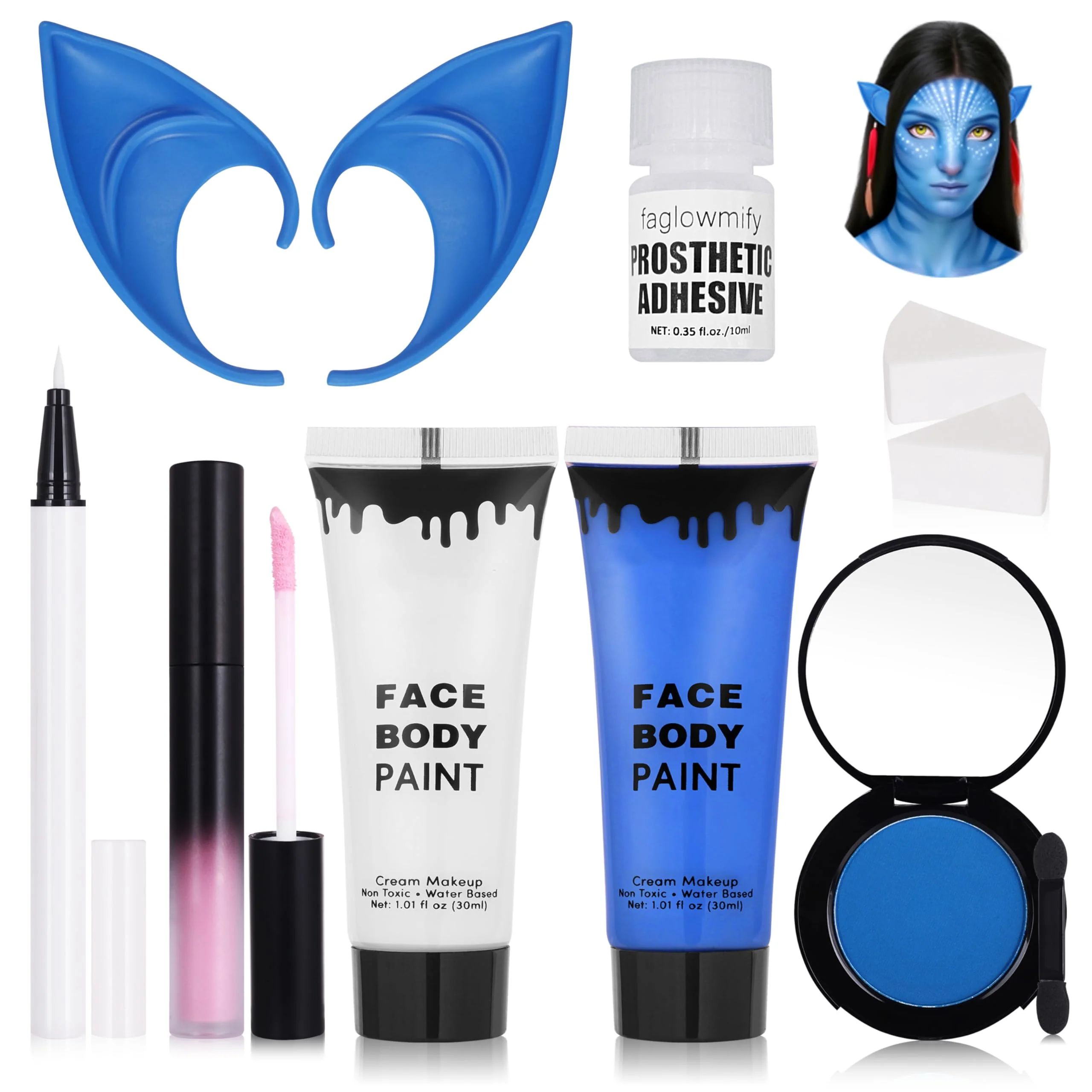 Verified 8pcs Avatar Makeup Kit Navy Blue White Face Paint Royal Blue Face Paint for Smurf Mystique Cosplay Lip Gloss White UV Eyeliner Short Elf Ears Single Trusted