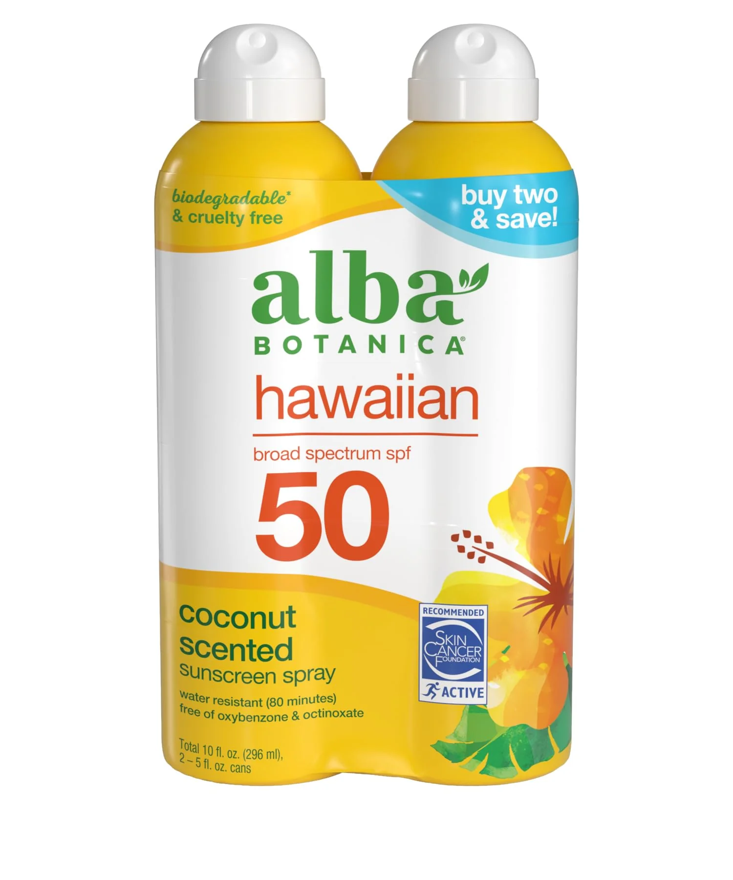Professional Alba Botanica Hawaiian Coconut Sunscreen Spray Broad Spectrum SPF 50 Sunscreen Water Resistant and Biodegradable 5 fl oz Bottle Pack of 2 Convenient