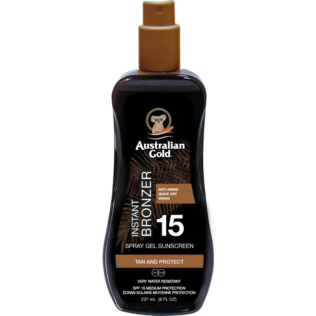 Top-Quality Australian Gold Spray Gel Sunscreen with Instant Bronzer SPF 15 8 Ounce Moisturize Hydrate Skin Broad Spectrum Water Resistant Stylish